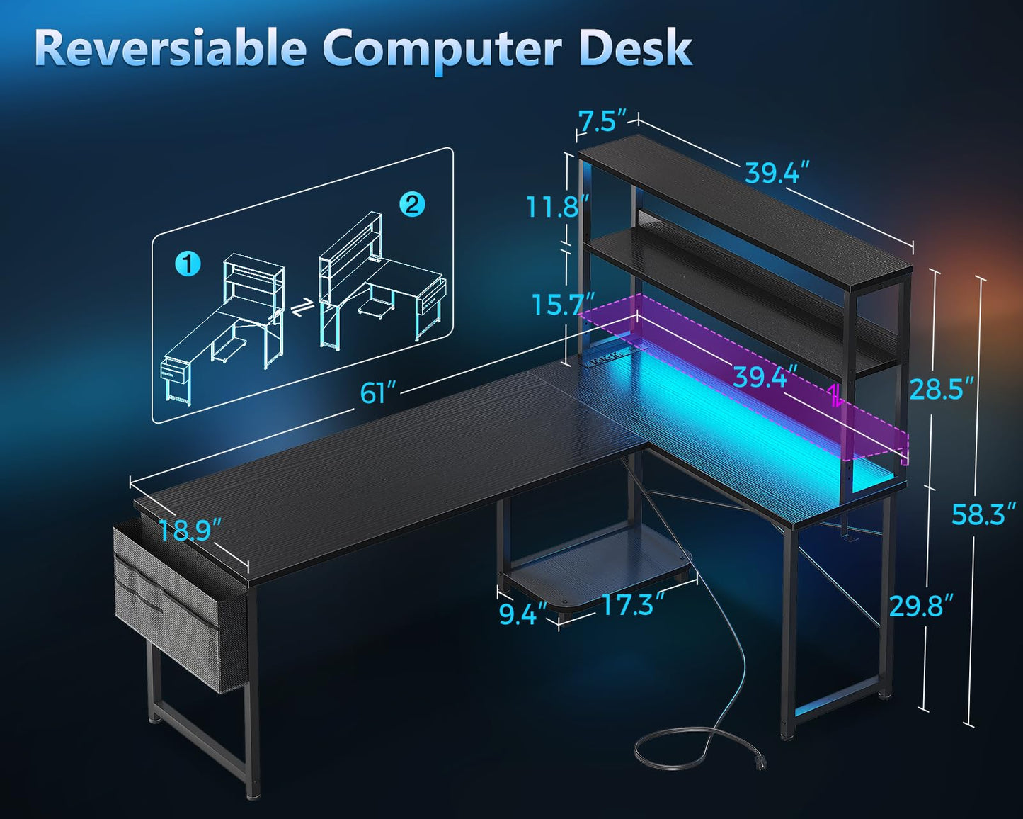 Casaottima 61 Inch Gaming Desk with Power Outlets & LED Lights, Reversible L Shaped Computer Desk with Shelves & Storage Bag, Corner Desk for Home Office, Black