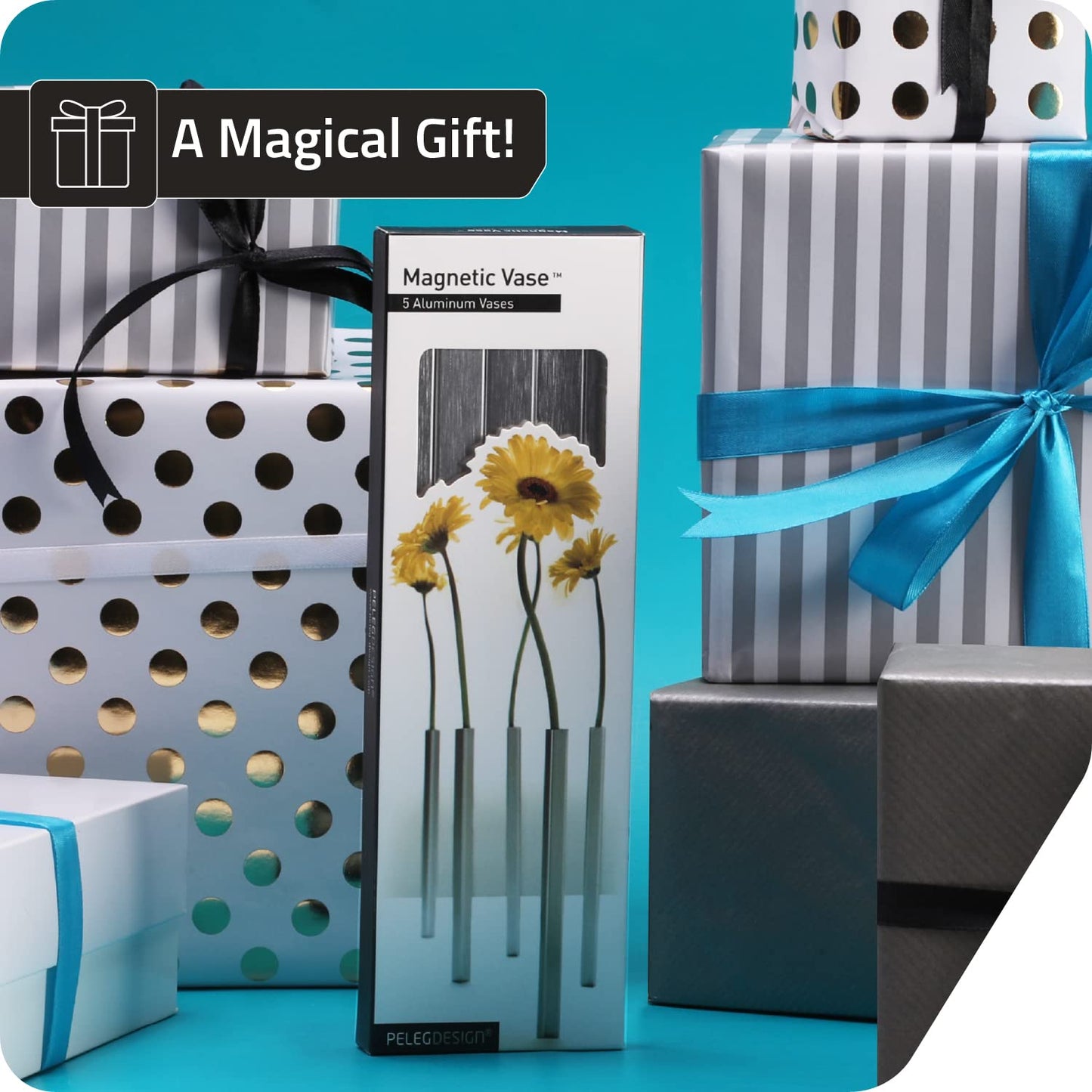 PELEG DESIGN Magnetic Bud Vase Set (Silver) - Unique Home Decor Gift & Modern Table Centerpiece - 5 Aluminum Single Stem Vases - 9.4" Tall Gravity Defying Decor