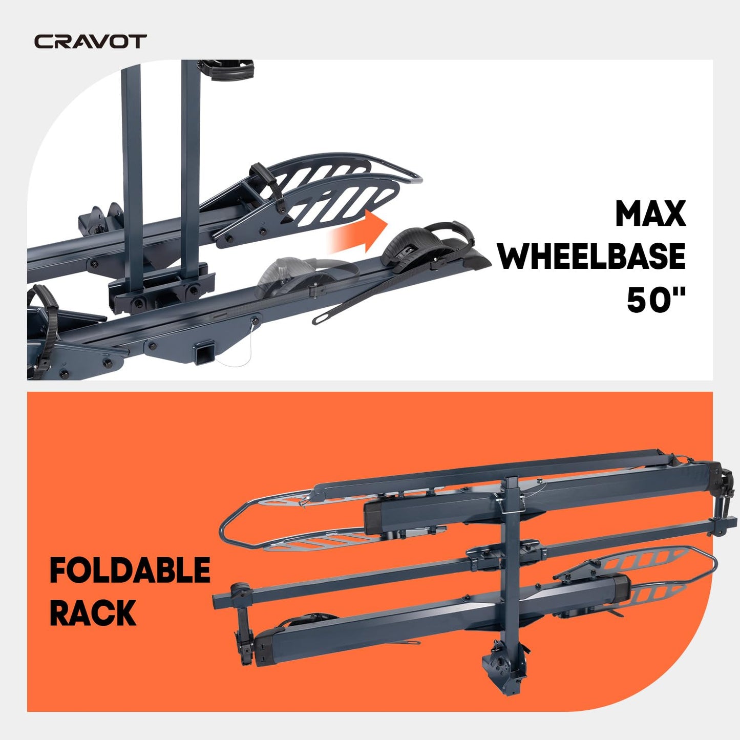 CRAVOT CyberRack E2 Hitch 2 E-Bike Rack with Ramp,200 lbs Capacity Electric Bike Carrier Foldable Platform Mount, Up to 5-inch Fat Tire Bicycle for 2'' Receiver Cars Trucks SUVs Minivans RV, Trailer