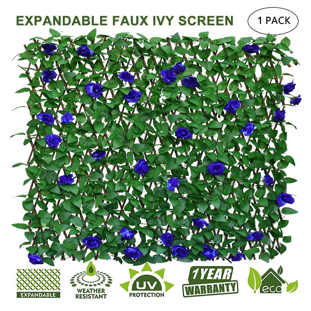 Sumery Expandable Fence Privacy Screen for Balcony Patio Outdoor,Decorative Faux Ivy Fencing Panel,Artificial Hedges (Single Sided Leaves) (1, Blue Flowers)