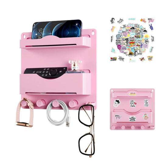 JUMEIHUI Pink Bedside Shelf Organizer - Wall Mount Phone Holder with Glasses Hook & 50 Motivational Stickers for Girls Bedroom Dorm Decor
