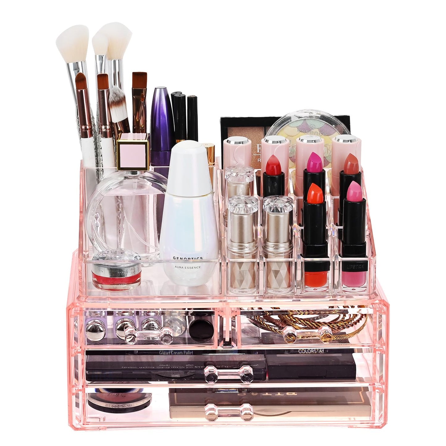 Ikee Design Pink Jewelry & Cosmetic Storage Display Boxes Two Pieces Set, Pink Cosmetic Jewelry Organizer Makeup Holder, Organizer for Vanity