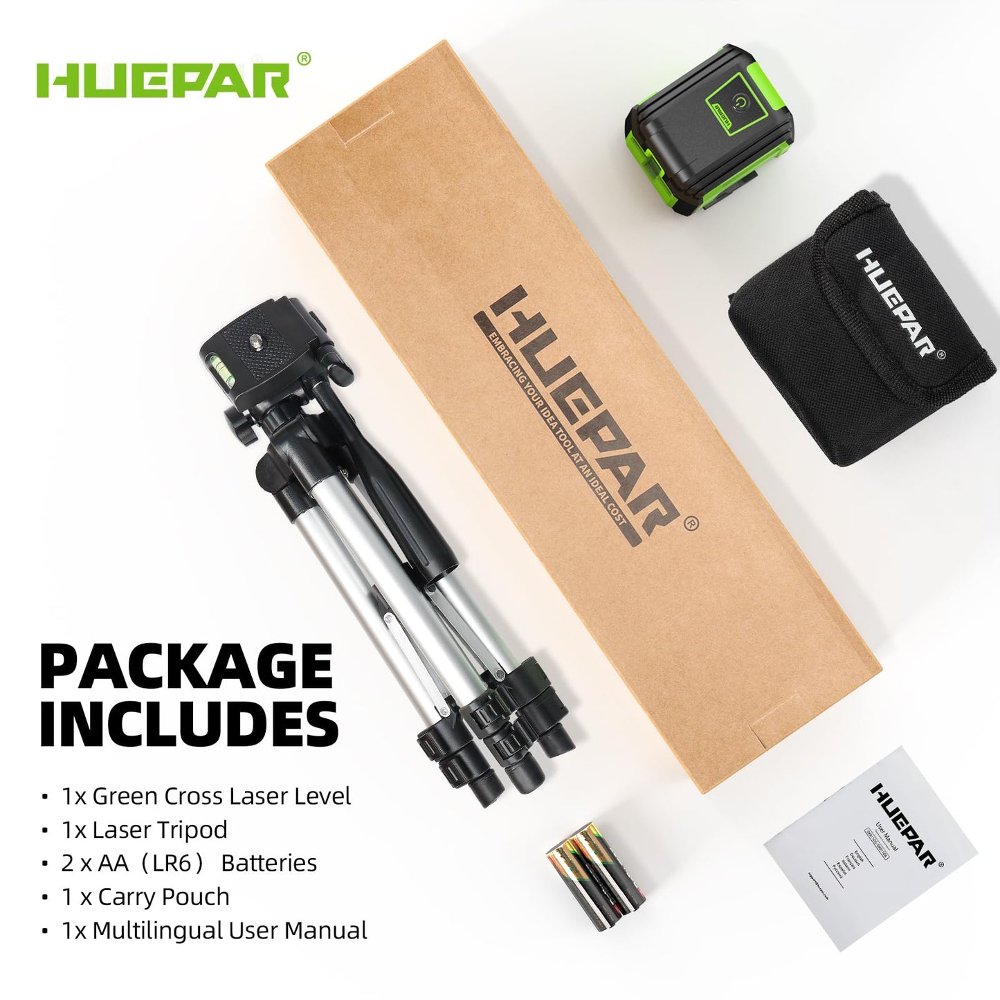 Laser Level with 40in Tripod, HUEPAR 98Ft Self Leveling Laser Level Green Line Laser Cross Line Laser Leveler Tool for Picture Hanging, Home Renovation, Indoor Project, Battery&Carrying Bag Included