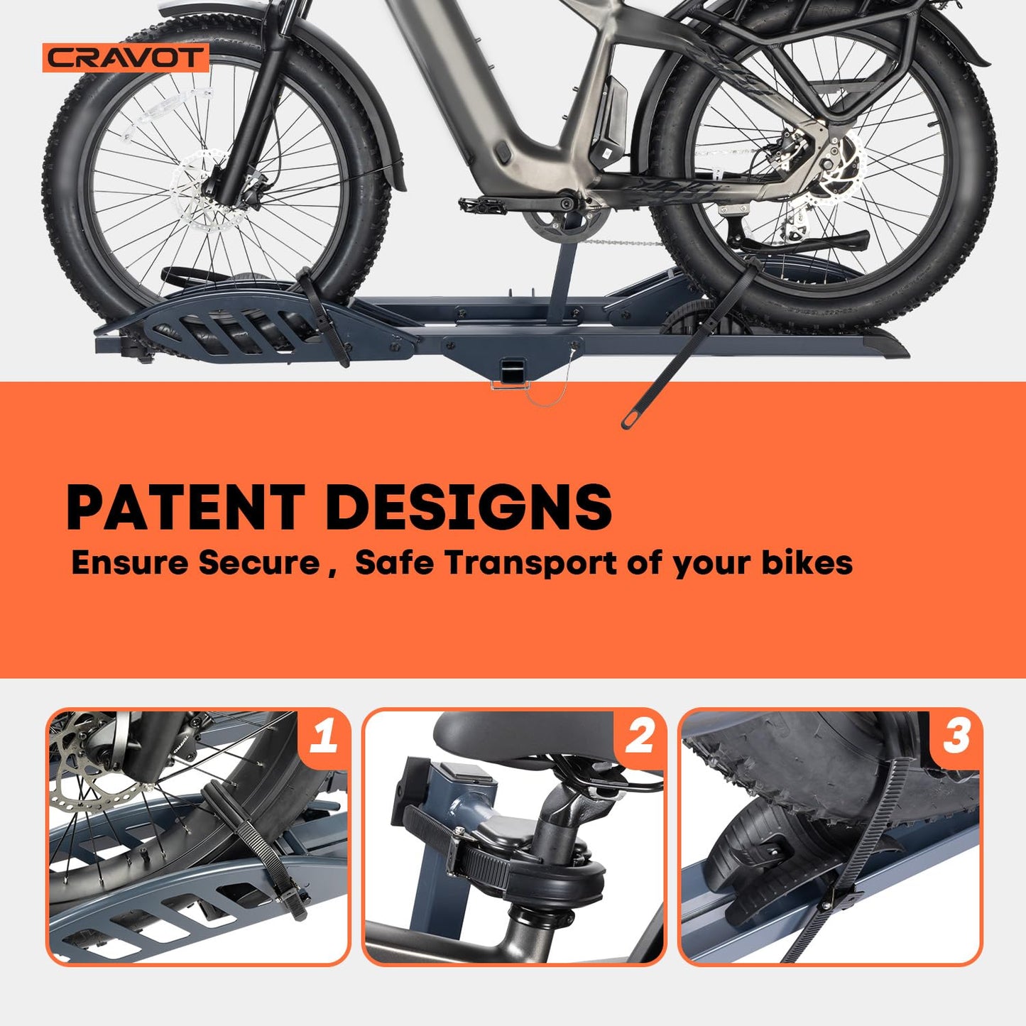 CRAVOT CyberRack E2 Hitch 2 E-Bike Rack with Ramp,200 lbs Capacity Electric Bike Carrier Foldable Platform Mount, Up to 5-inch Fat Tire Bicycle for 2'' Receiver Cars Trucks SUVs Minivans RV, Trailer
