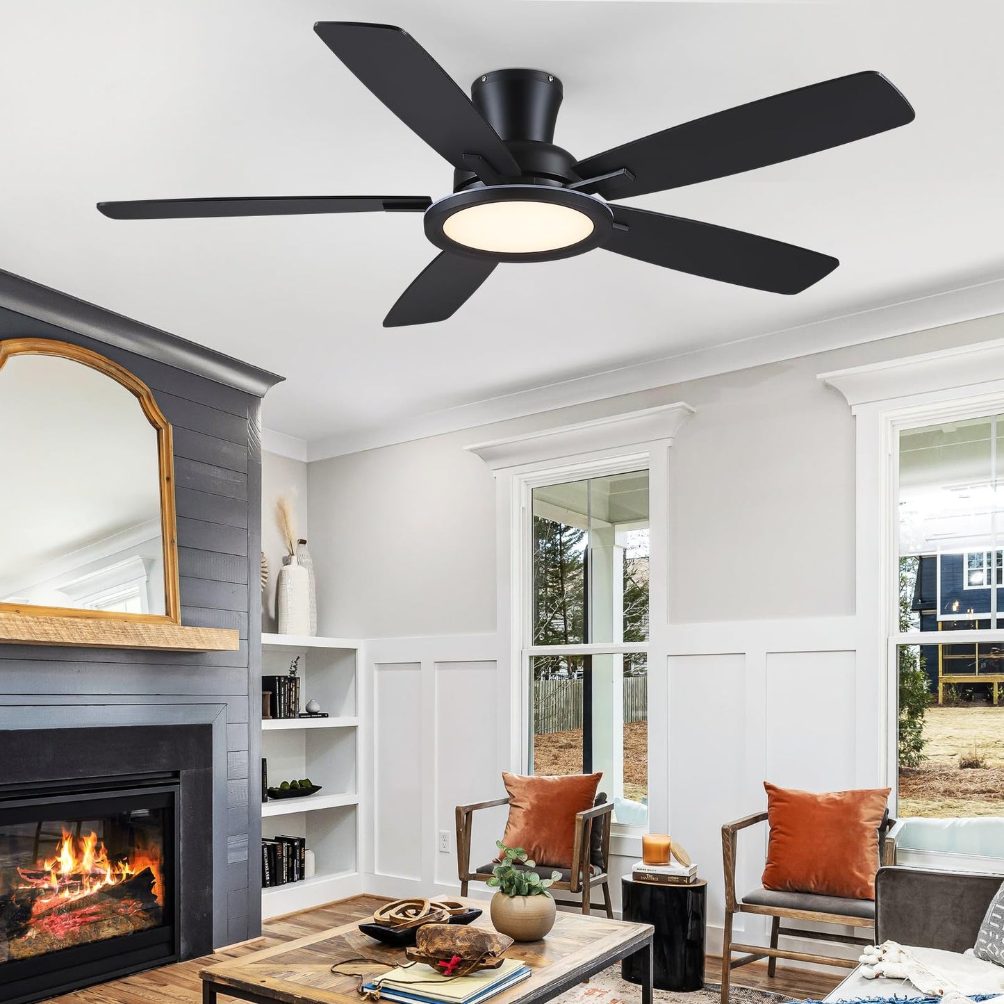 BYKISTOK Flush Mount Ceiling Fan with RGB Light - 52In Black Ceiling Fan Light with Reversible Mute Motor, LED 3CCT Dimmable, Low Profile Modern Ceiling Fans for Indoor, Party, Covered Outdoor