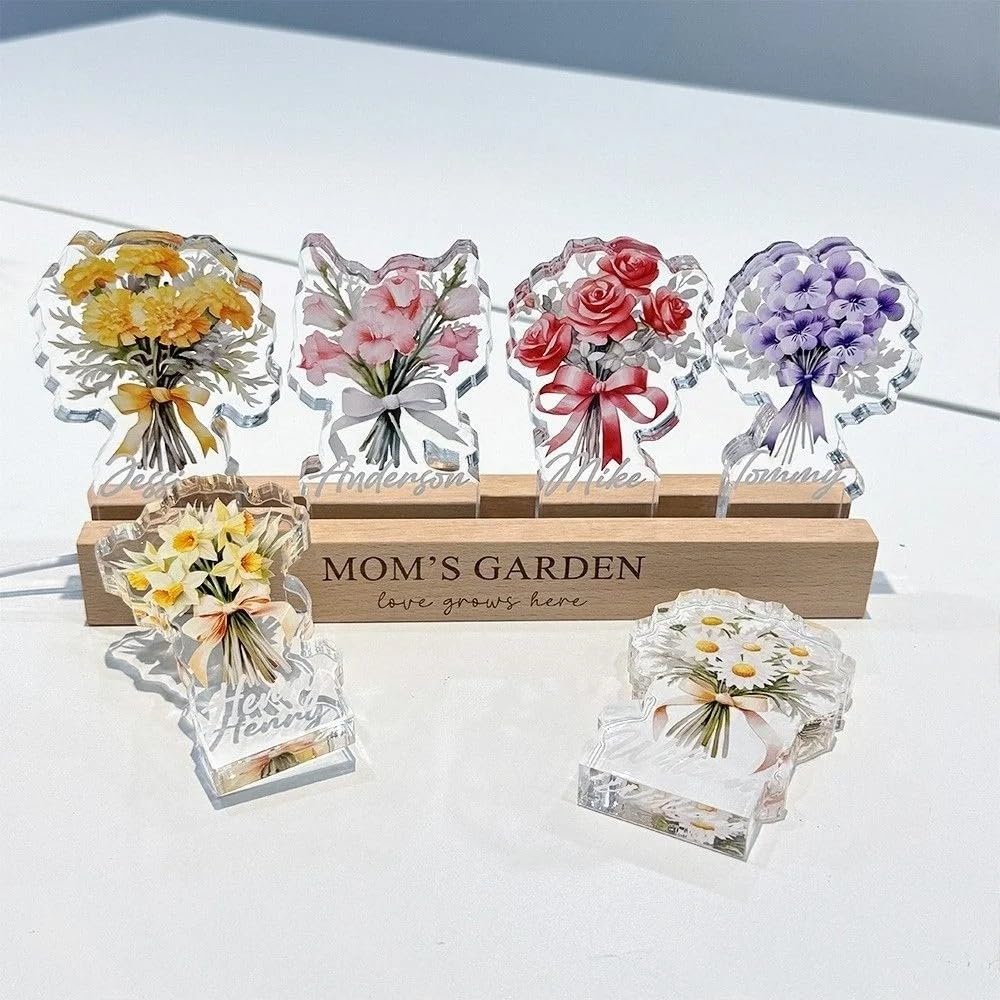 CUSTNEY Personalized Birth Flower Crystal Acrylic Lamp - Personalized Name 3D LED Night Light, for Mom and Grandma，Mother's Day Gift