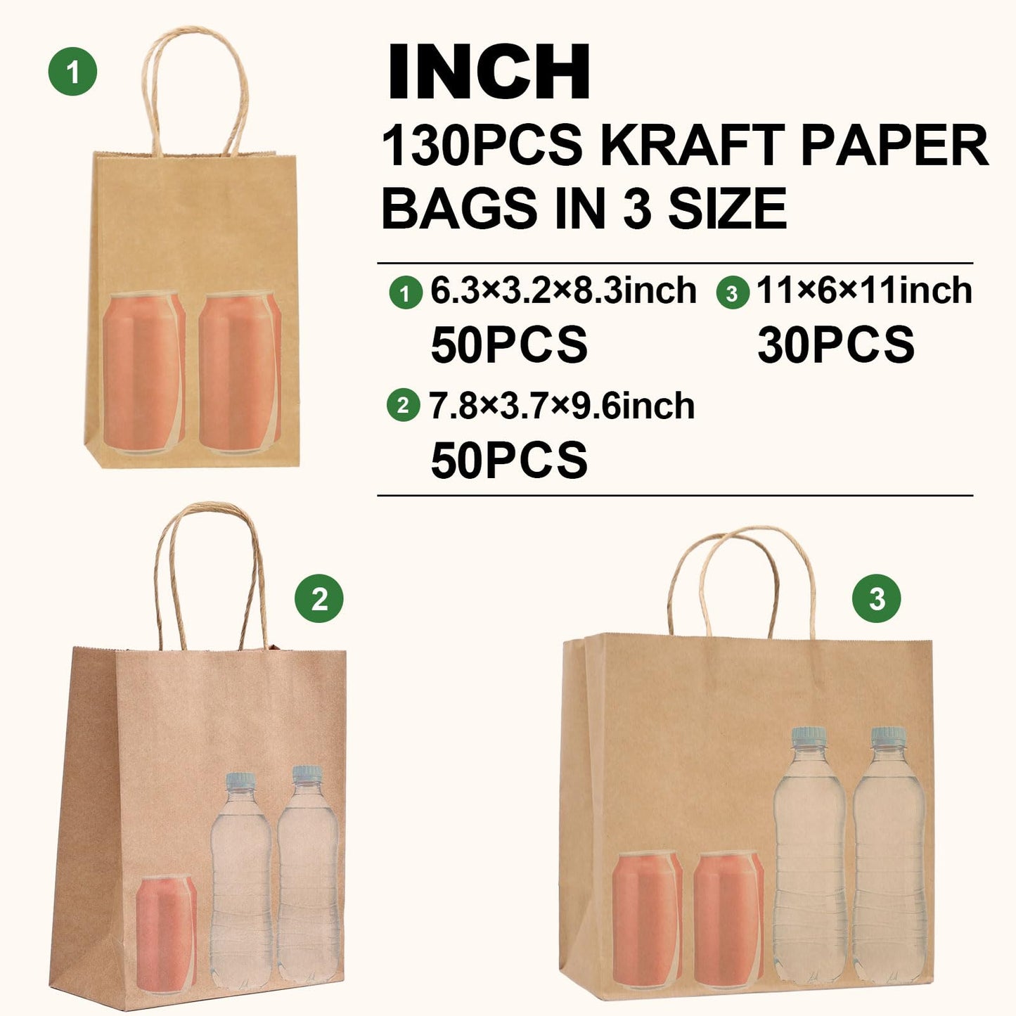 PAICUIKE 130pc Brown Paper Bags with Handles Bulk Brown Gift Bags - Assorted Sizes for Party, Retail & Business Use, Birthday,Weeding, Baby Shower