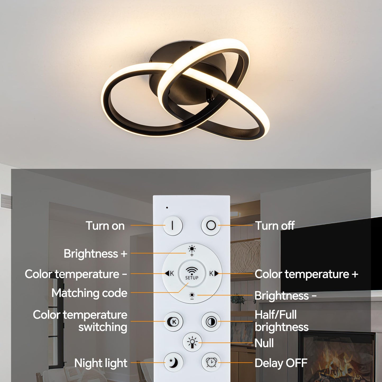 TIAZFCA 10 Inch Modern Ceiling Light, 24W LED Dimmable Ceiling Light with Remote Control, 3000-6000K Color Temperature Adjustable, Black Small Chandelier for Bedroom, Entryway, Hallway, Kitchen