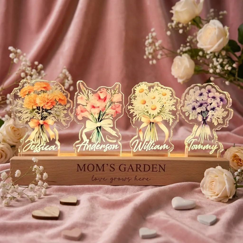 CUSTNEY Personalized Birth Flower Crystal Acrylic Lamp - Personalized Name 3D LED Night Light, for Mom and Grandma，Mother's Day Gift