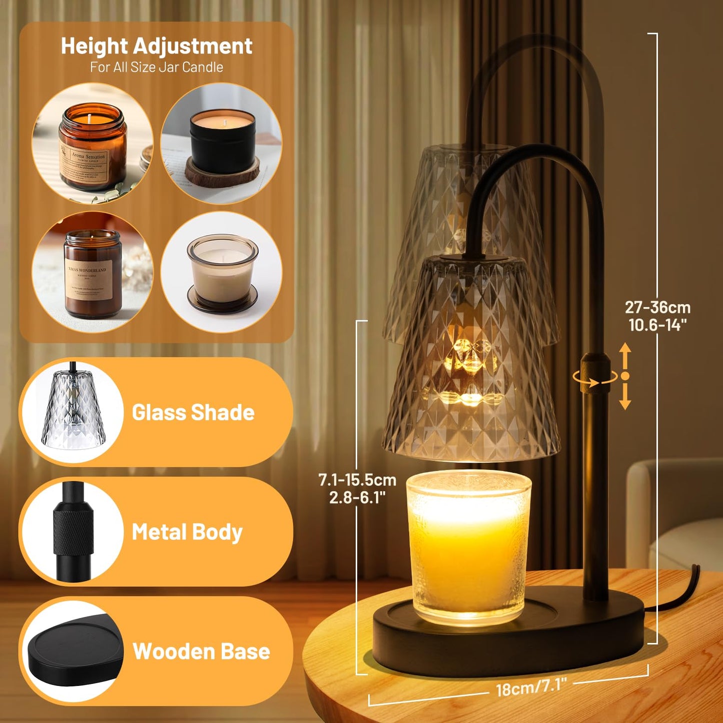 Candle Warming Lamp with Timer : Adjustable Light Level Adjustable Height Flameless and Smokeless Safety Candle Lamps - Jar Candles Home Decoration