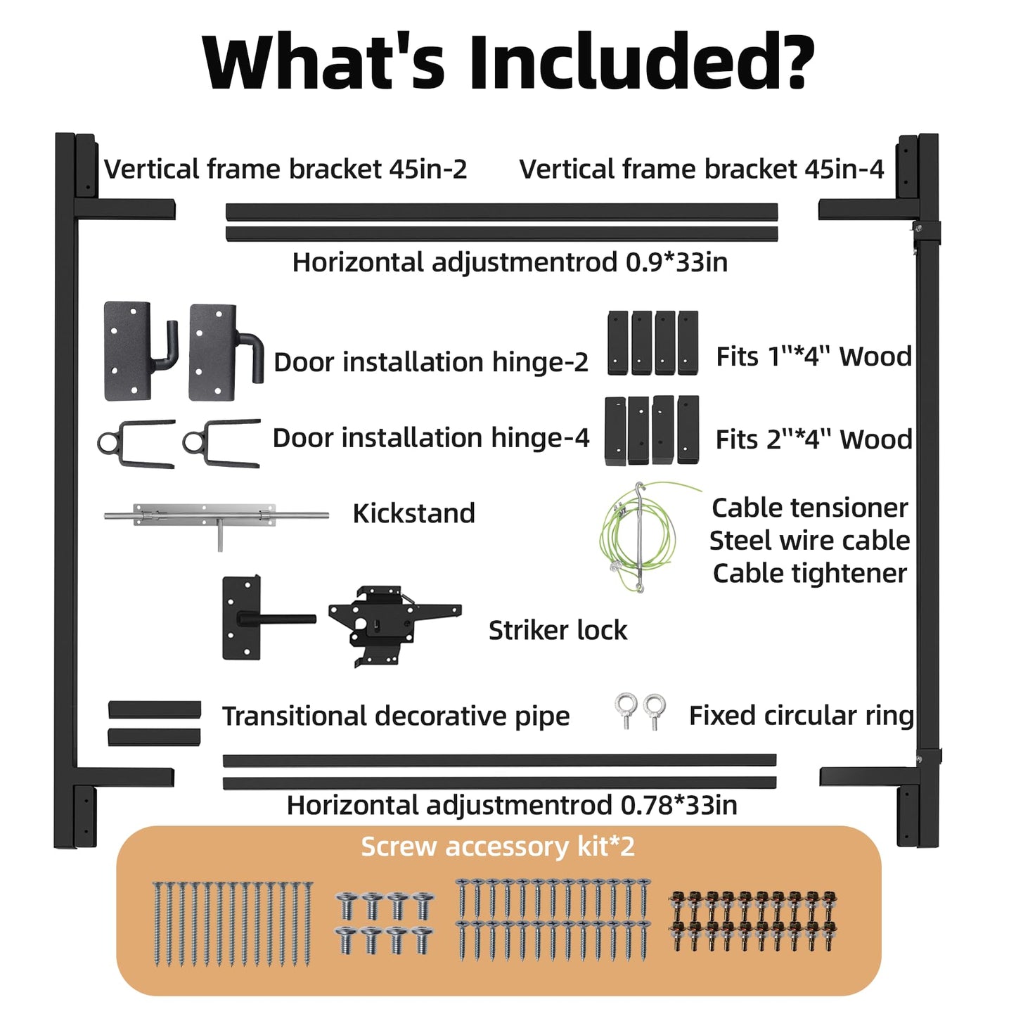 Heavy-Duty Adjustable Fence Gate Kit - 36" to 72" Wide DIY Gate Kit for Wooden Fence Using 1x4 & 2x4 Lumber, Complete Gate Kit for Building Sturdy 4 to 5 Foot Backyard Wood Gates /2 PCS