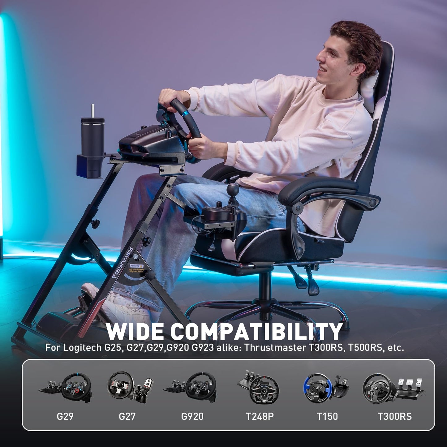 GTPLAYER Sim Racing Wheel Stand Simulator Cockpit Wheel Stand fit for Logitech G25 G27 G29 G920 G923 Thrustmaster T330TS Gaming Stand Wheel Pedals NOT Included, Deep Black With Cup Holder