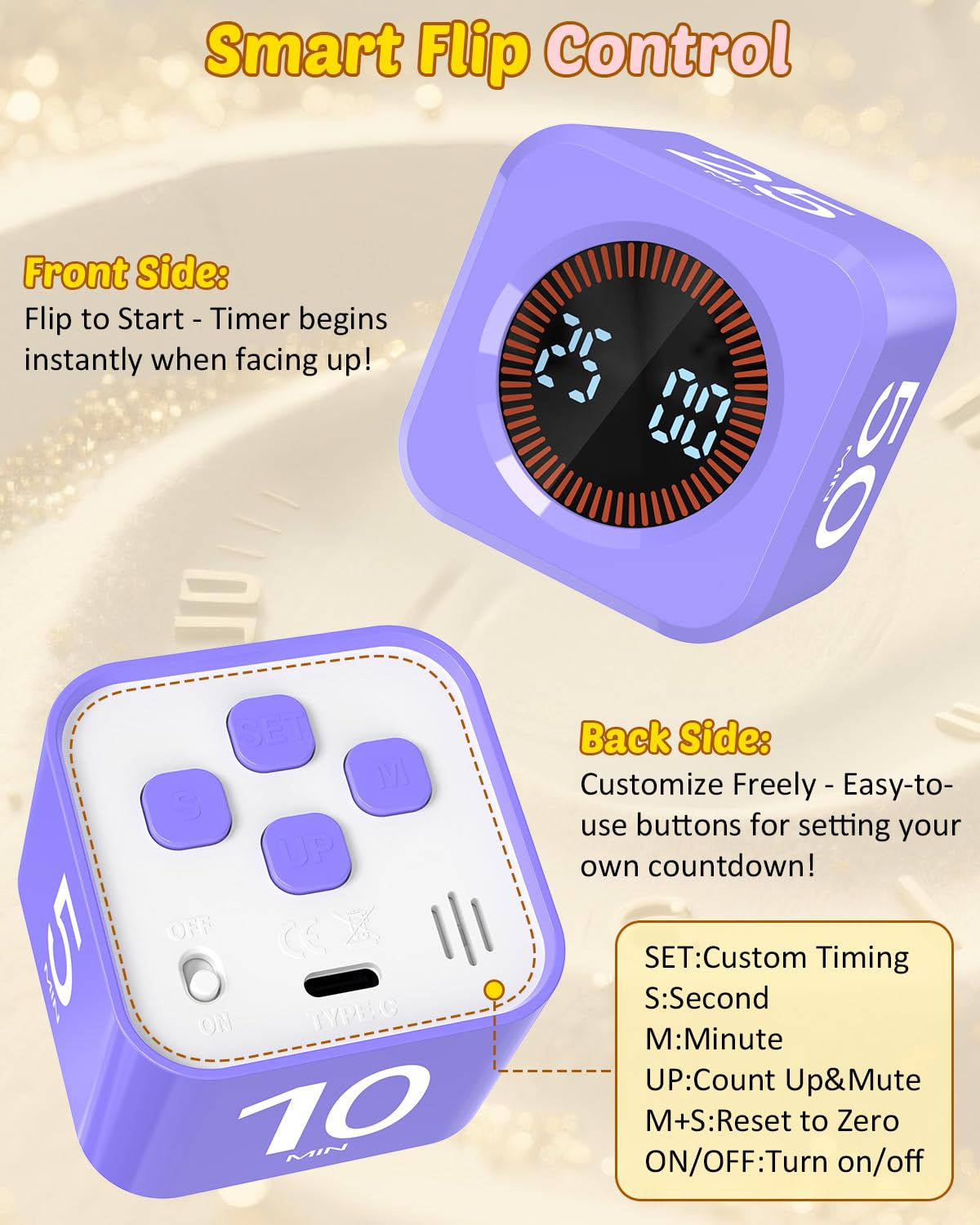 COWVTUJ Digital Pomodoro Timer Cube 5/10/25/50min, Visual Productivity Flip Timer for Kids Classroom Desk, Custom Countdown, Silent and Sound Mode for ADHD Study Work Game Kitchen (Purple)