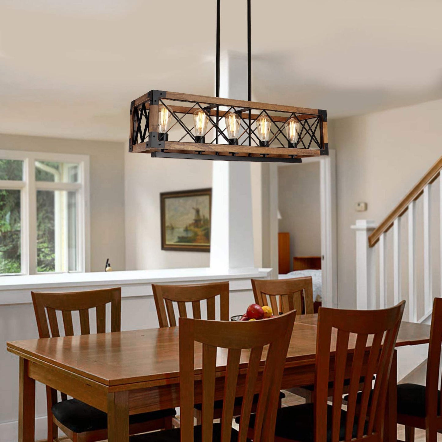 Giluta Rectangle Wood Chandelier Farmhouse Style Dining Room Kitchen Lighting Fixtures, 5 Lights Ceiling Hanging Pendant Lighting UL Listed