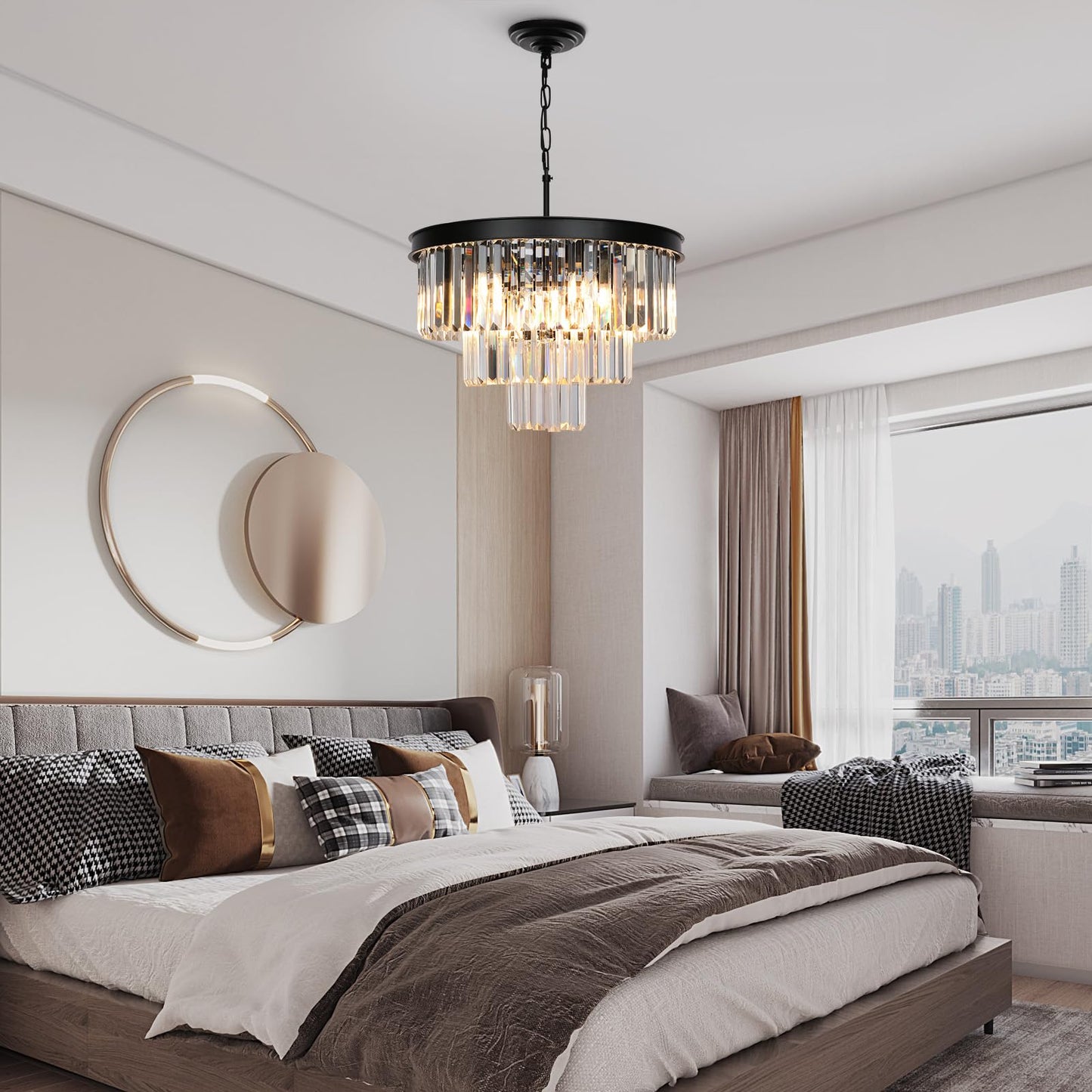 Weesalife Crystal Chandeliers for Dining Room Lights Fixtures, 9 Lights Black Modern Chandeliers for Bedroom, 3-Tier Round Crystal Lighting Fixtures for Living Room Entryway Kitchen Island D20 Inch