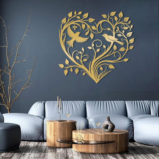 Metal Heart Wall Decor, Tree of Life Metal Wall Art, Metal Bird Wall Decor, Tree Branch Decor, Modern Minimalist Decor, Love Signs, Love Room Decor, Bedroom Wall Hangings (Gold, 30"x29"|76x73cm)