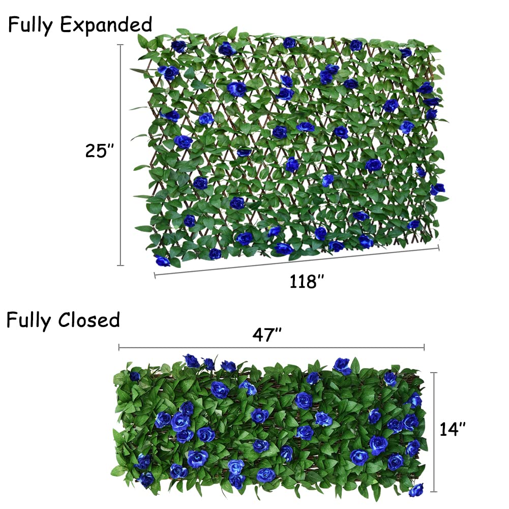 Sumery Expandable Fence Privacy Screen for Balcony Patio Outdoor,Decorative Faux Ivy Fencing Panel,Artificial Hedges (Single Sided Leaves) (1, Blue Flowers)