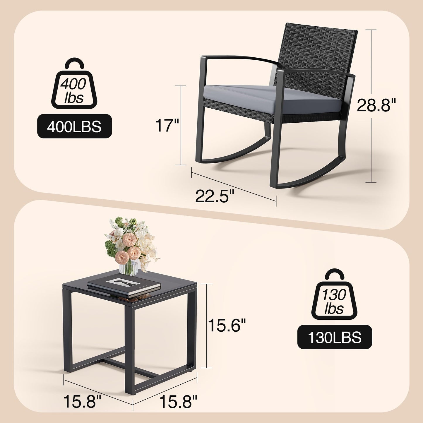 Qsun 3 Pieces Outdoor Patio Furniture Set Rocking Bistro Set Outdoor Rattan Conversation with Coffee Table for Garden Balcony Backyard Poolside (Grey Cushion)