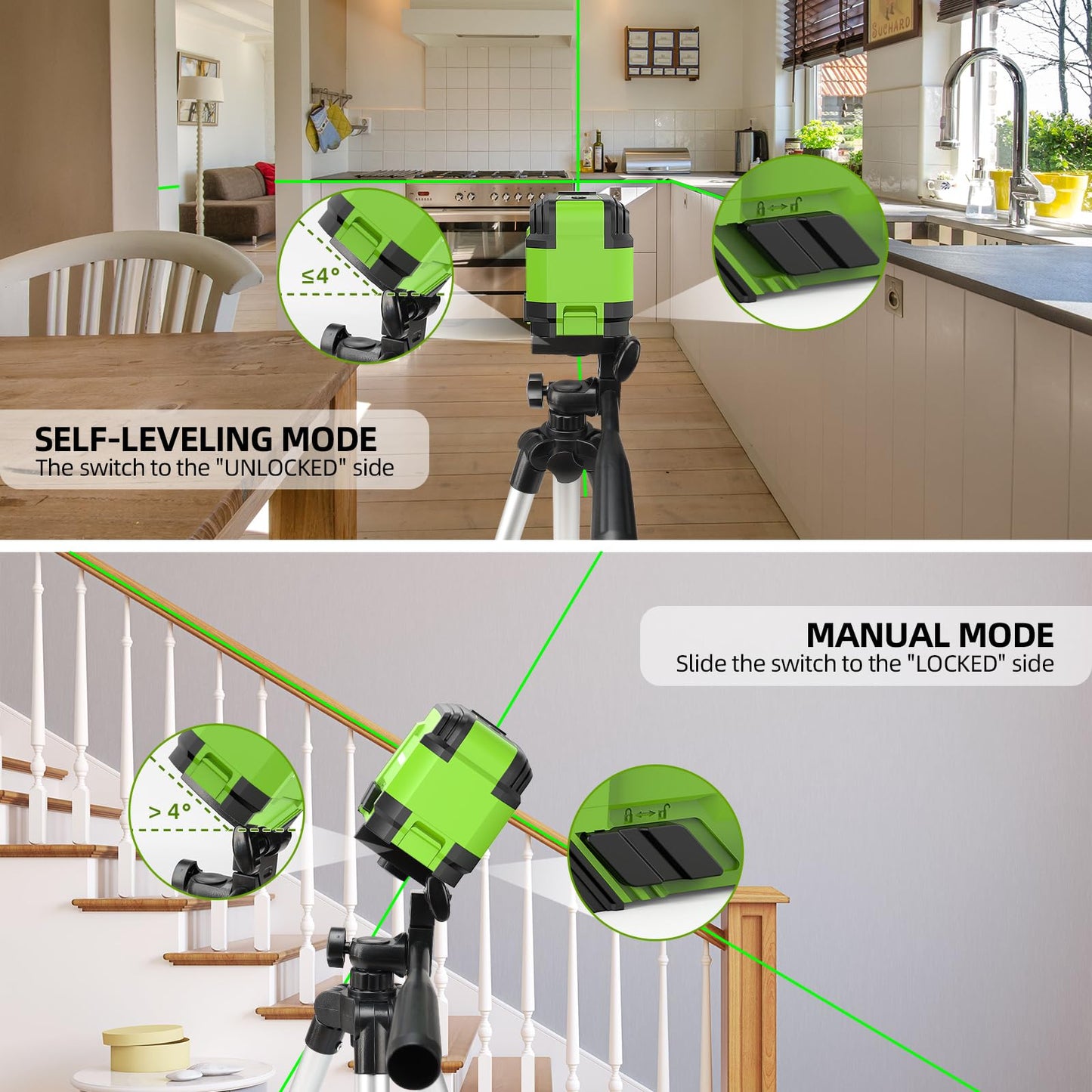Laser Level with 40in Tripod, HUEPAR 98Ft Self Leveling Laser Level Green Line Laser Cross Line Laser Leveler Tool for Picture Hanging, Home Renovation, Indoor Project, Battery&Carrying Bag Included