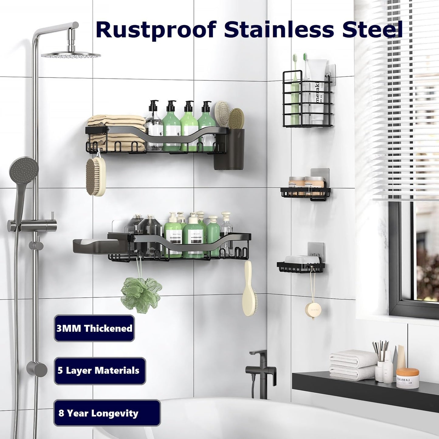 NESOMI Shower Caddy Adhesive Shower Organizer 7-Pack, Rustproof Stainless Steel Bathroom Shelves, Large Capacity No-Drill Rack Storage Accessories with Soap Dish Toothbrush Holder &24 Hooks Home Decor