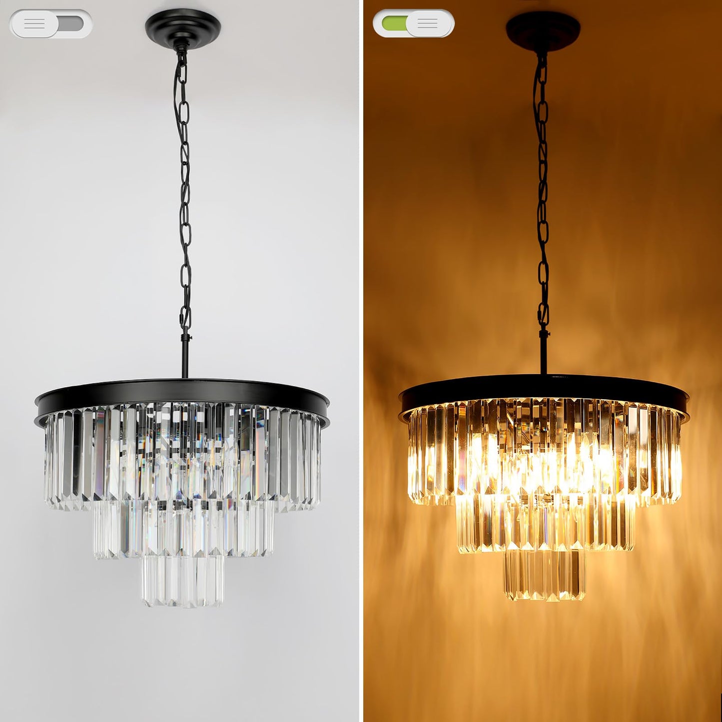 Weesalife Crystal Chandeliers for Dining Room Lights Fixtures, 9 Lights Black Modern Chandeliers for Bedroom, 3-Tier Round Crystal Lighting Fixtures for Living Room Entryway Kitchen Island D20 Inch