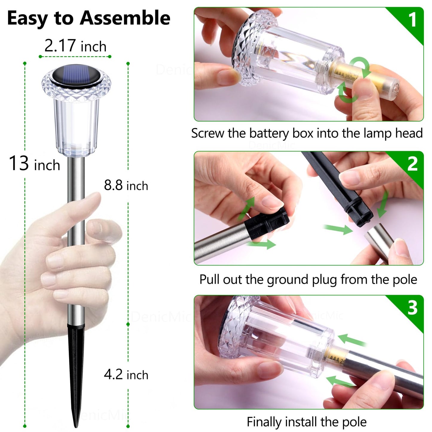 DenicMic Solar Lights Outdoor 10 Pack Waterproof 6000K Cold White LED Stainless Steel Stake Outside Lights for Yard Pathway Garden Driveway Walkway Landscape Path Lighting