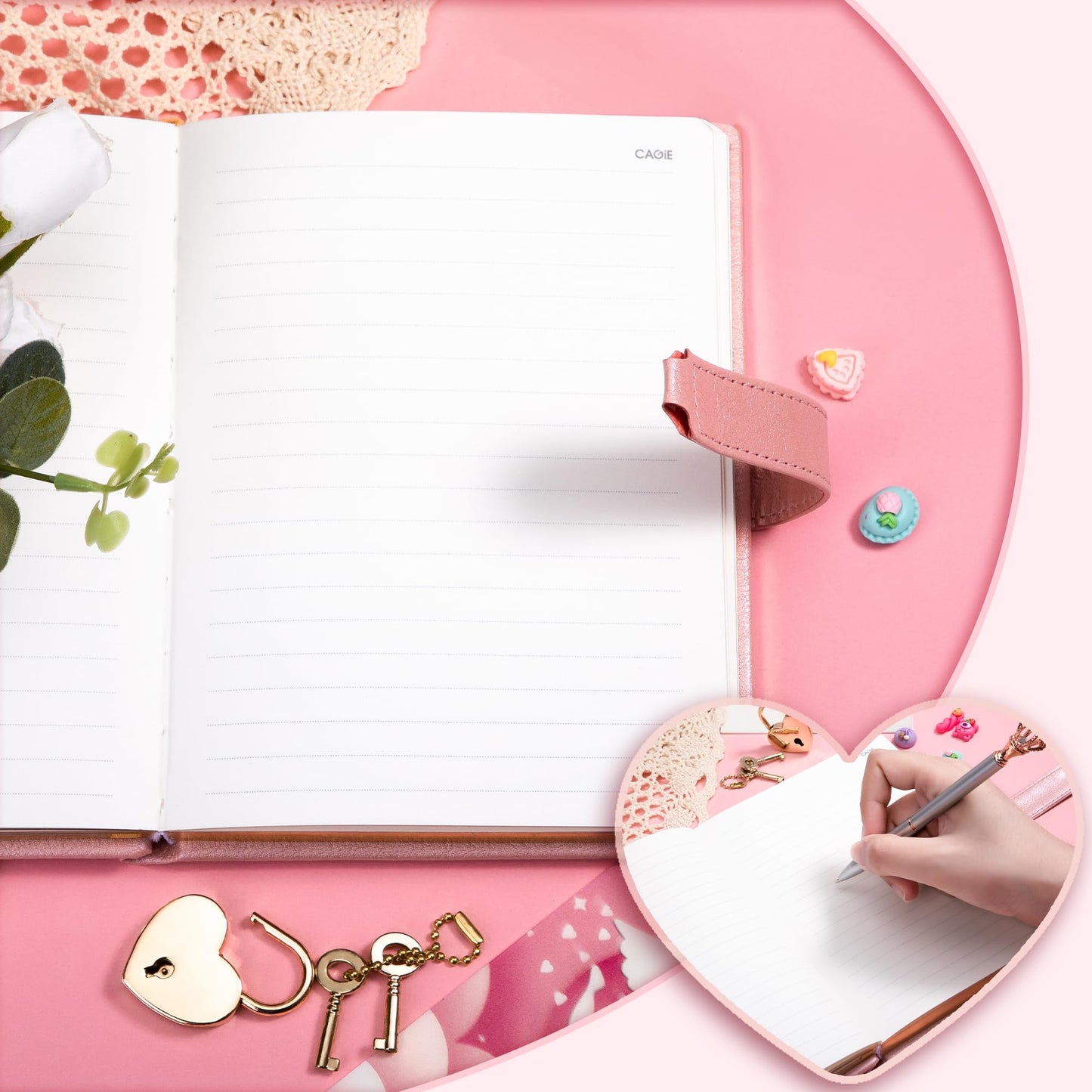 CAGIE Diary with Lock for Girls Ages 8-12 Journal with Lock and Key 296 Gold Edged Pages Heart-Shaped Locked Journal for Women Teen Girls with Gift Box (A - Pearl Pink)