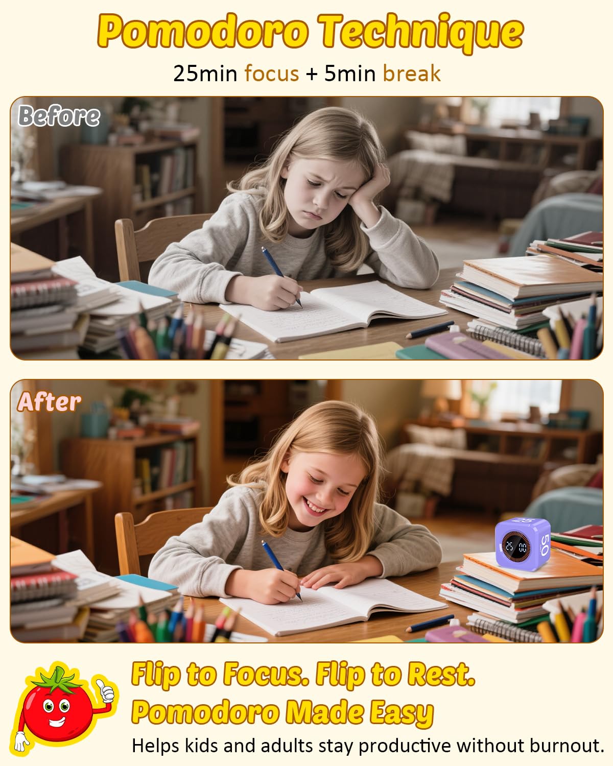COWVTUJ Digital Pomodoro Timer Cube 5/10/25/50min, Visual Productivity Flip Timer for Kids Classroom Desk, Custom Countdown, Silent and Sound Mode for ADHD Study Work Game Kitchen (Purple)
