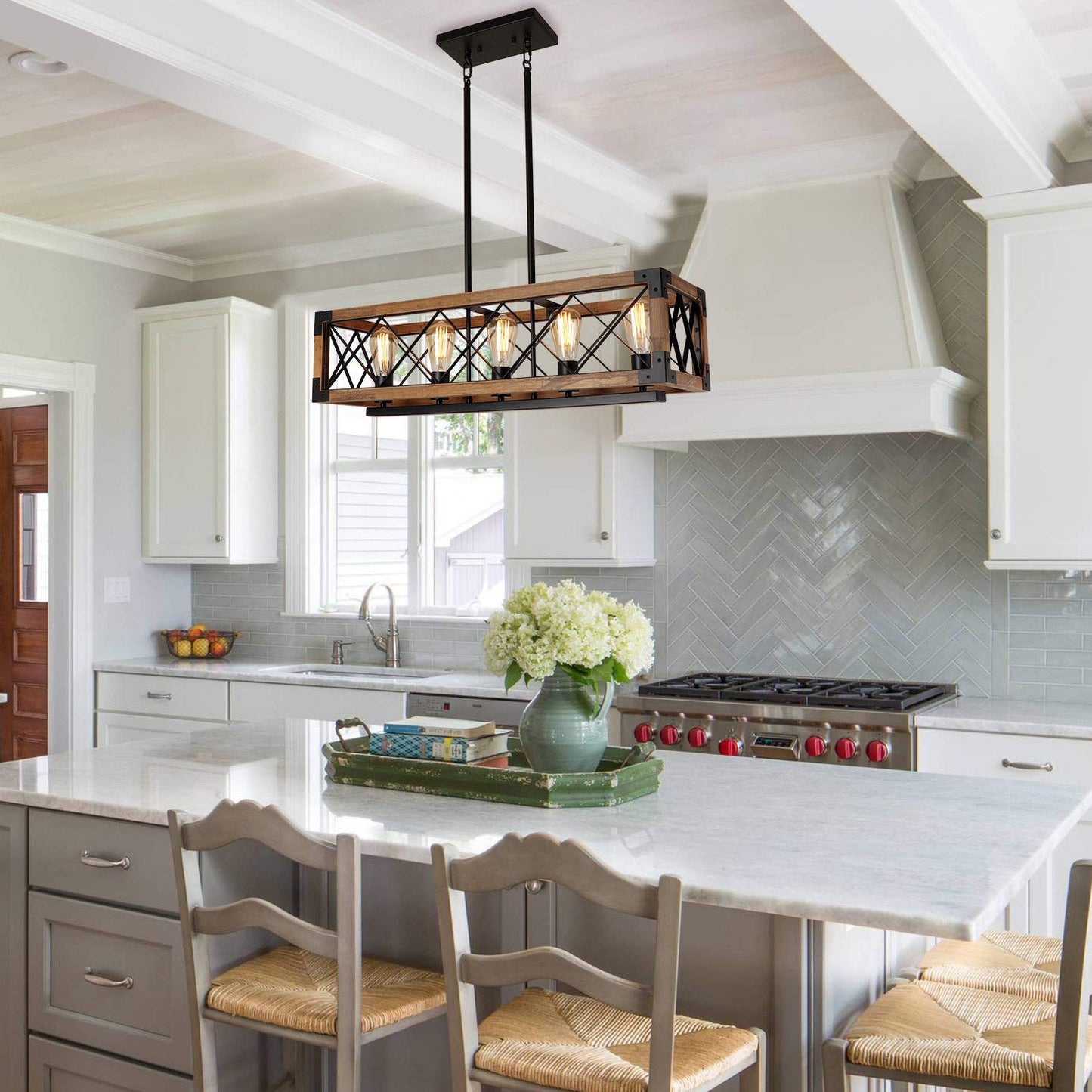 Giluta Rectangle Wood Chandelier Farmhouse Style Dining Room Kitchen Lighting Fixtures, 5 Lights Ceiling Hanging Pendant Lighting UL Listed