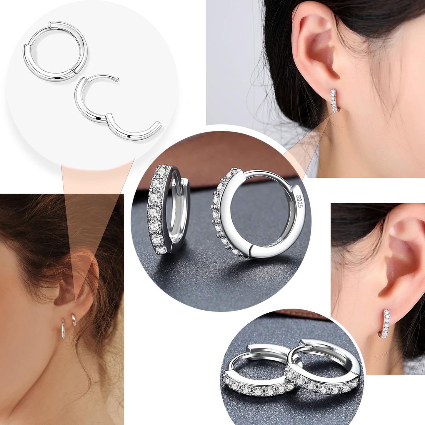 Hypoallergenic Flat Back Earring Sets for Multiple Piercing Sterling Silver Small Huggie Hoop Earrings for Women Surgical Stainless Steel FlatBack Silver Stud Earrings Trendy Cartilage Earring Stacks
