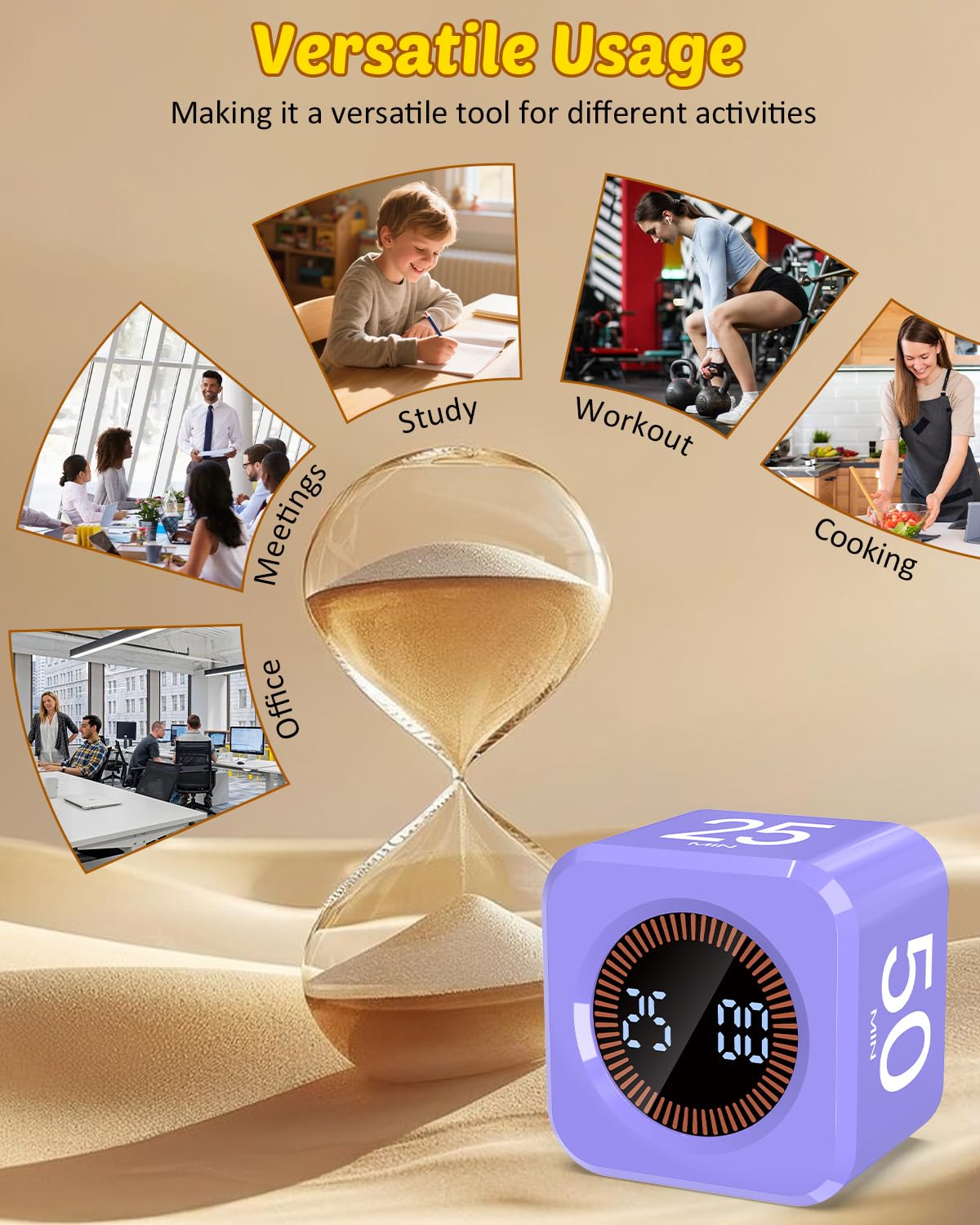COWVTUJ Digital Pomodoro Timer Cube 5/10/25/50min, Visual Productivity Flip Timer for Kids Classroom Desk, Custom Countdown, Silent and Sound Mode for ADHD Study Work Game Kitchen (Purple)