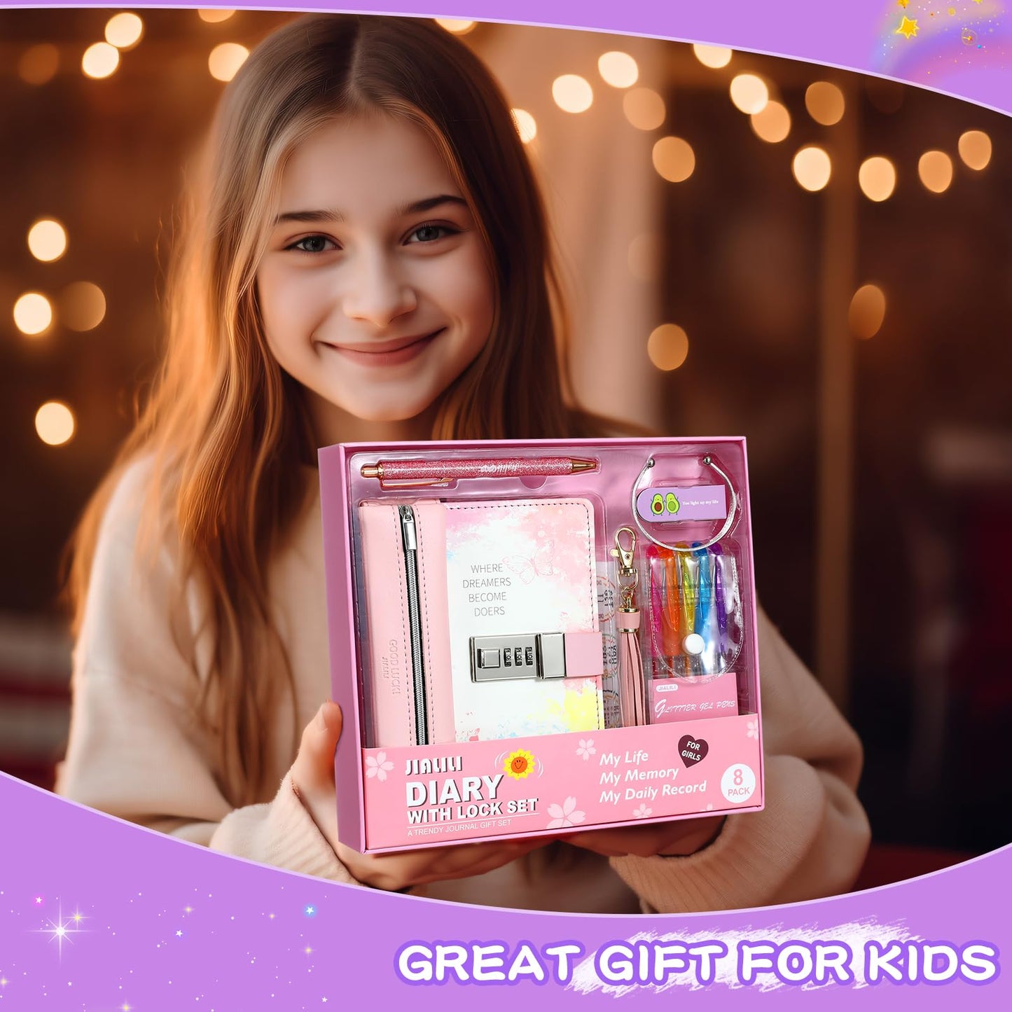 JIALILI Diary with Lock for Girls, Birthday Gift Ideas for 8, 9, 10, 11, 12 Year Old, Kids Journals Set for Girls Ages 8-12 teen, Girls Secret Diary Gift Set With 8 pack