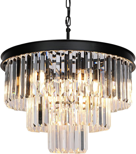 Weesalife Crystal Chandeliers for Dining Room Lights Fixtures, 9 Lights Black Modern Chandeliers for Bedroom, 3-Tier Round Crystal Lighting Fixtures for Living Room Entryway Kitchen Island D20 Inch