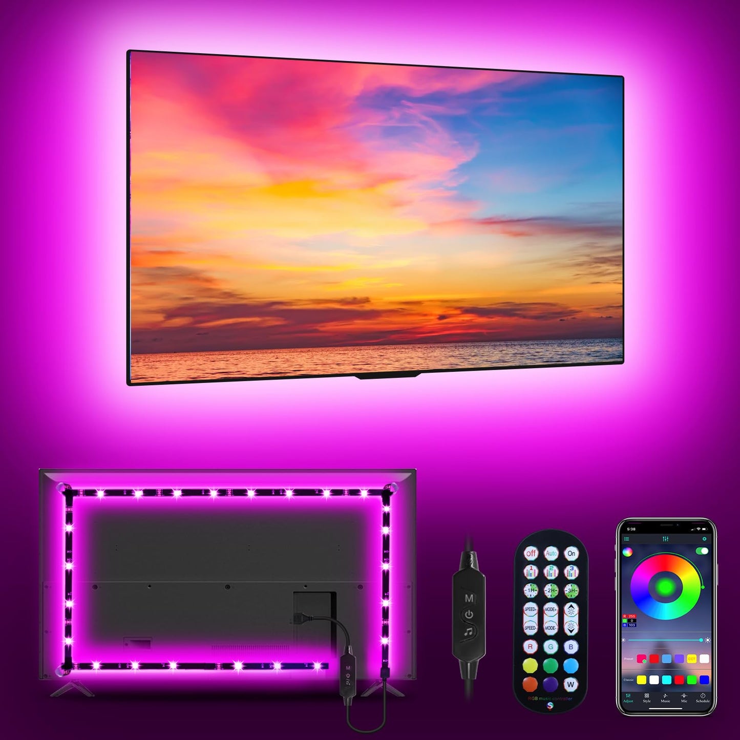 MATICOD LED Lights for TV Led Backlight, 9.84ft RGB Led Strip Lights USB TV Lights Behind 32-43in, APP Remote Control Music Sync TV Led Light for Bedroom Gaming Home Décor
