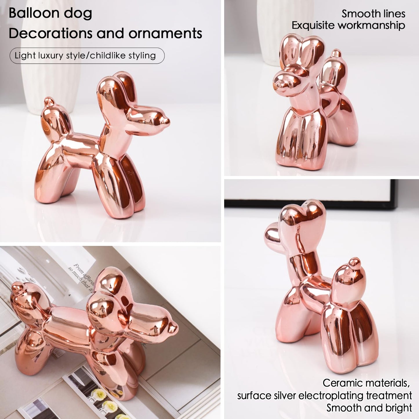 Notakia Cute Ceramics Pink Balloon Dog Statue Crafts Living Room Desktop Decorations,Handmade Modern Small Ceramic Animal Statue Ornament Home Decor Accents (Pink Balloon Dog)