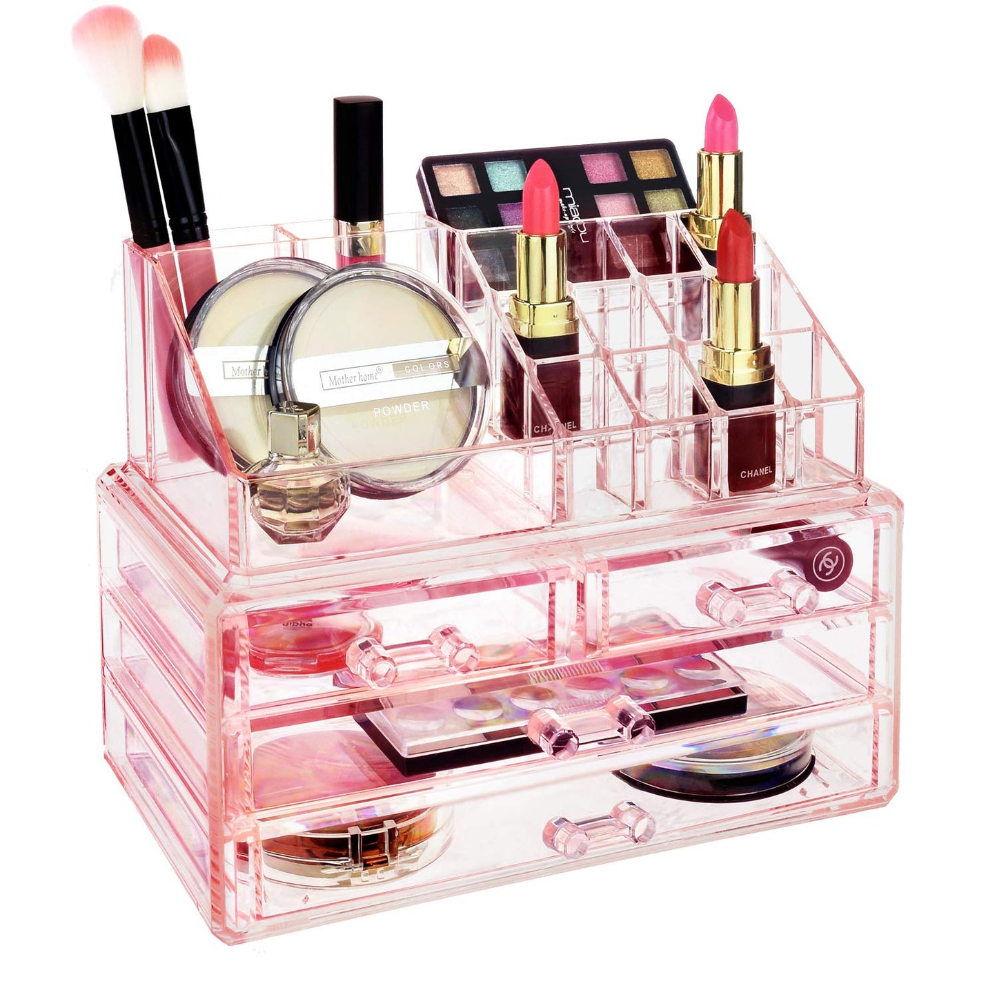 Ikee Design Pink Jewelry & Cosmetic Storage Display Boxes Two Pieces Set, Pink Cosmetic Jewelry Organizer Makeup Holder, Organizer for Vanity