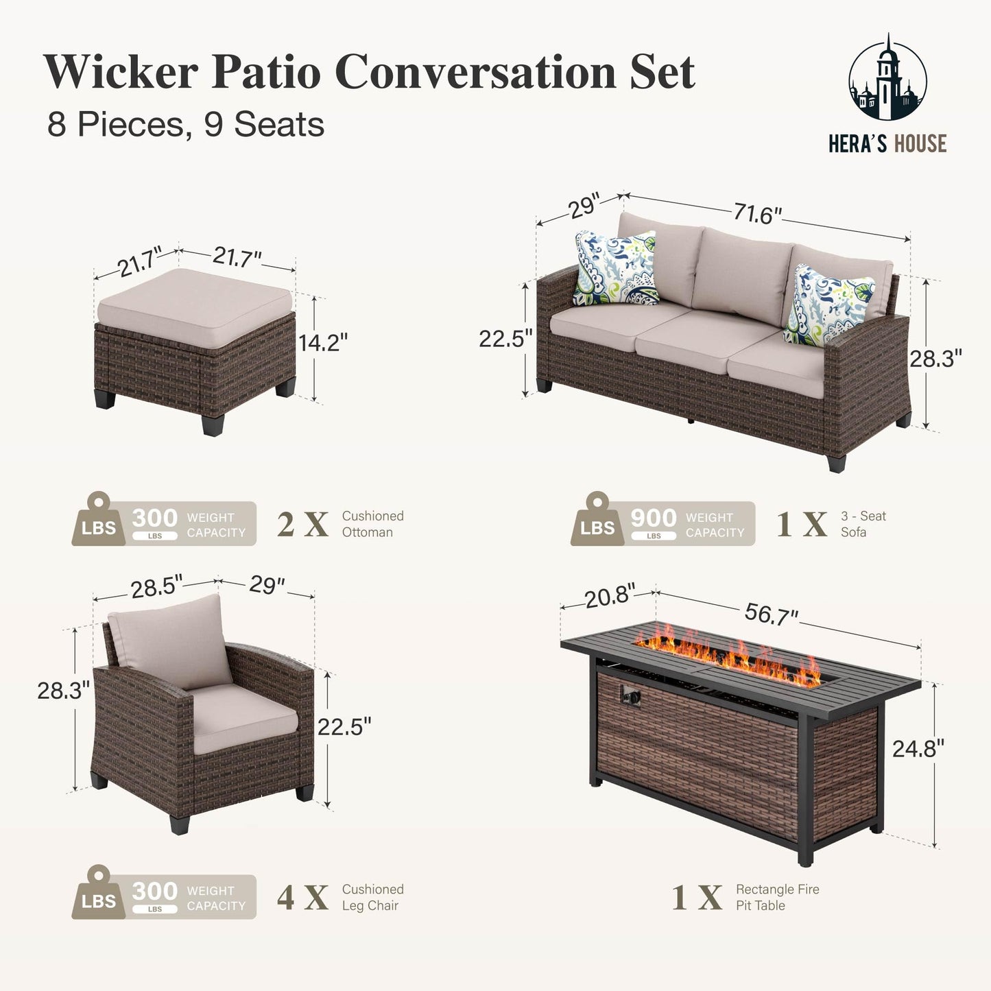 HERA'S HOUSE Patio Furniture Set, Outdoor Wicker Furniture with Fire Pit, 8 Pieces Deep Seating Outdoor Conversation Sofa Sets with Thick Cushions for Deck Backyard Lawn, Beige