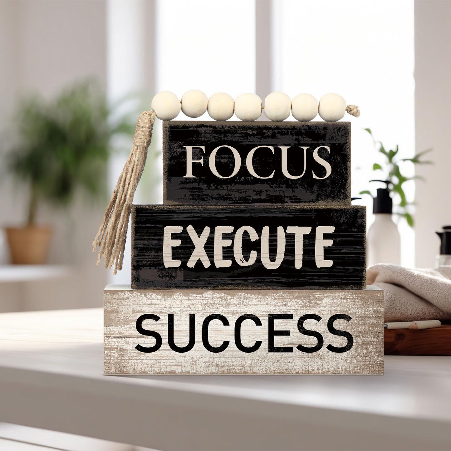 Yuntau 4 Pcs Motivational Wooden Tabletop Decor Inspirational Tiered Tray Decor Rustic Retro Wood Bead Garland Focus Execute Success Block Sign Gift Farmhouse Centerpiece for Home Shelf Mantle