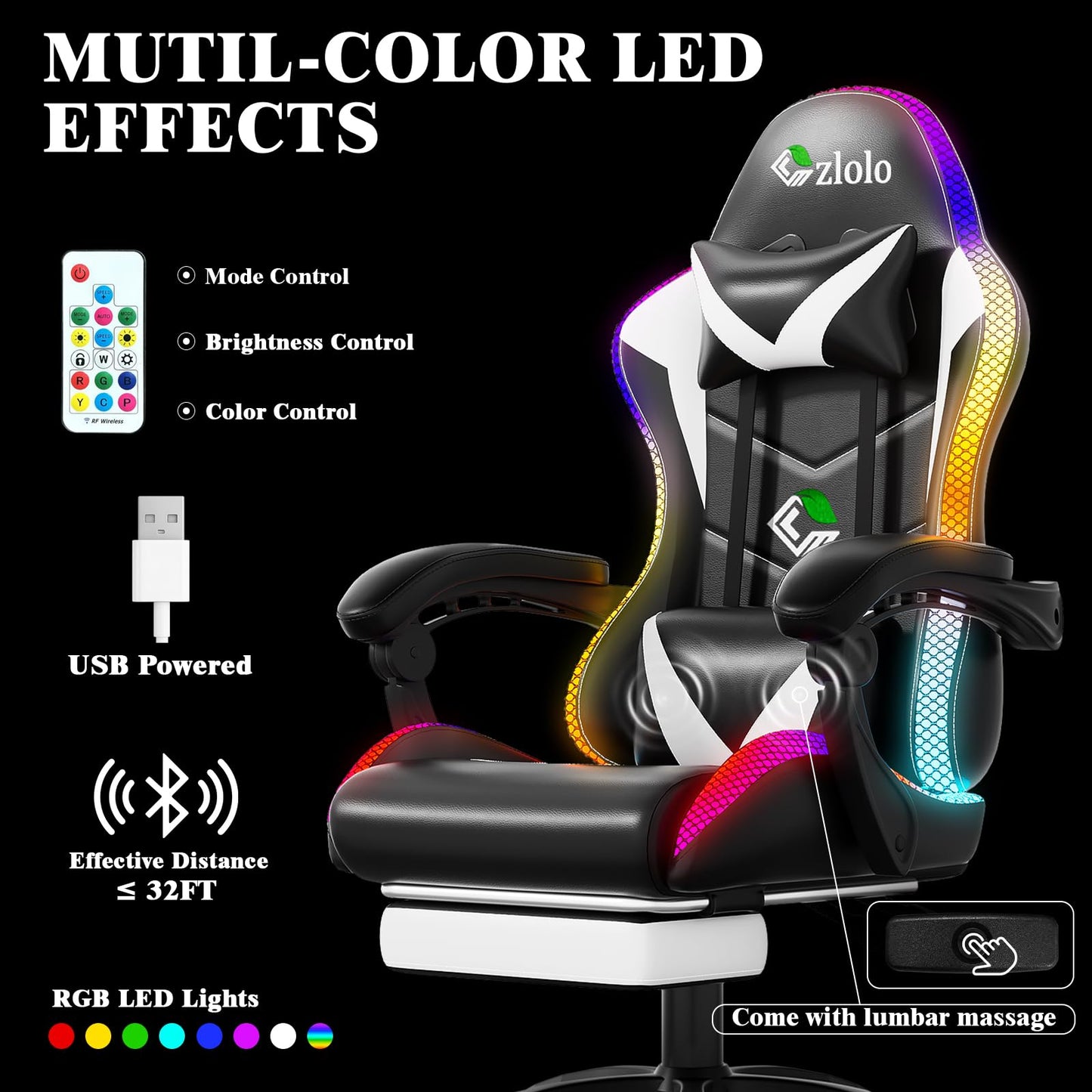 Czlolo Gaming Chair, Racing Style RGB LED Lights Gaming Chairs for Adults and Kids, Lumbar Massager Gamer Chair, High Back Reclining Computer Chair with Footrest and Headrest (Black/White)