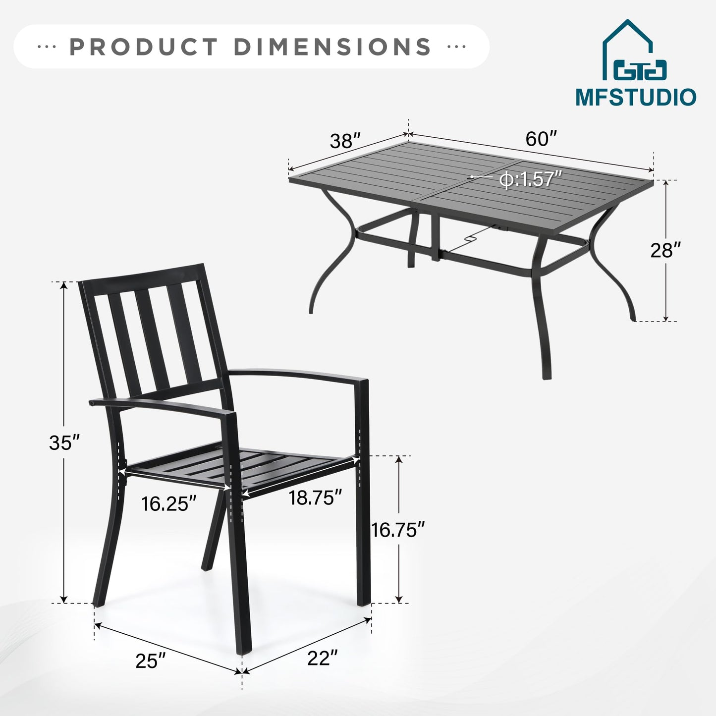 MFSTUDIO Outdoor Dining Set for 6, Patio Table and Chairs Set with Umbrella Hole, 7 Piece Metal Patio Furniture Set for Deck Backyard Poolside Garden