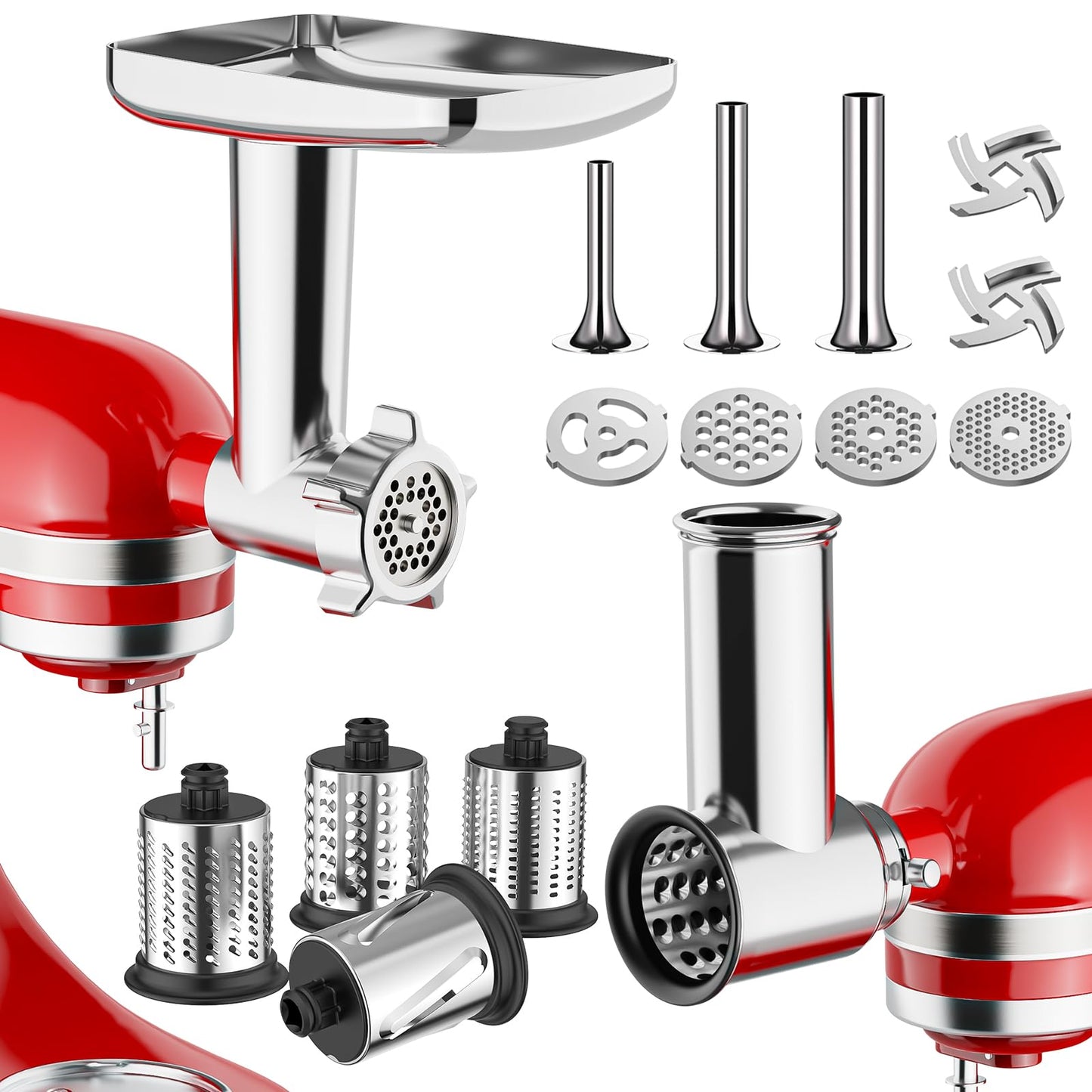 Meat Grinder & Stainless Steel Cheese Grater Attachment for KitchenAid Stand Mixer - 2 Pcs Kitchen Aid Accessories and Attachments Including Slicer Shredder and Food Grinder Attachment