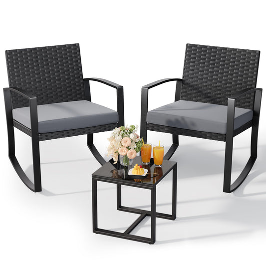 Qsun 3 Pieces Outdoor Patio Furniture Set Rocking Bistro Set Outdoor Rattan Conversation with Coffee Table for Garden Balcony Backyard Poolside (Grey Cushion)