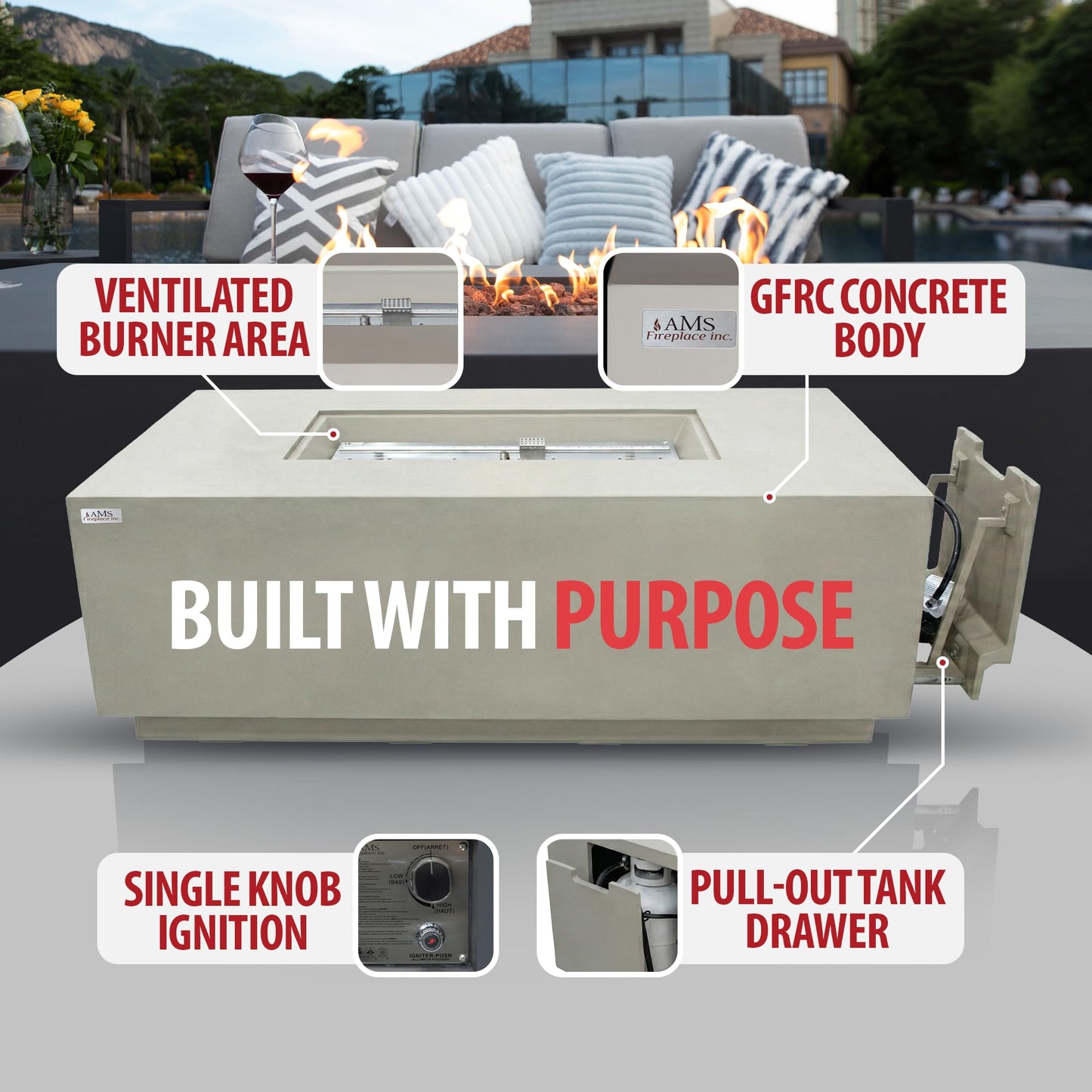 AMS Fireplace Genuine Concrete Rectangular Propane Fire Pit Table for Outside Patio (66" Sedona) | Hidden Tank Drawer & Electronic Ignition | w/Bonus Ice Bucket and Rubber Mat (Light Gray)