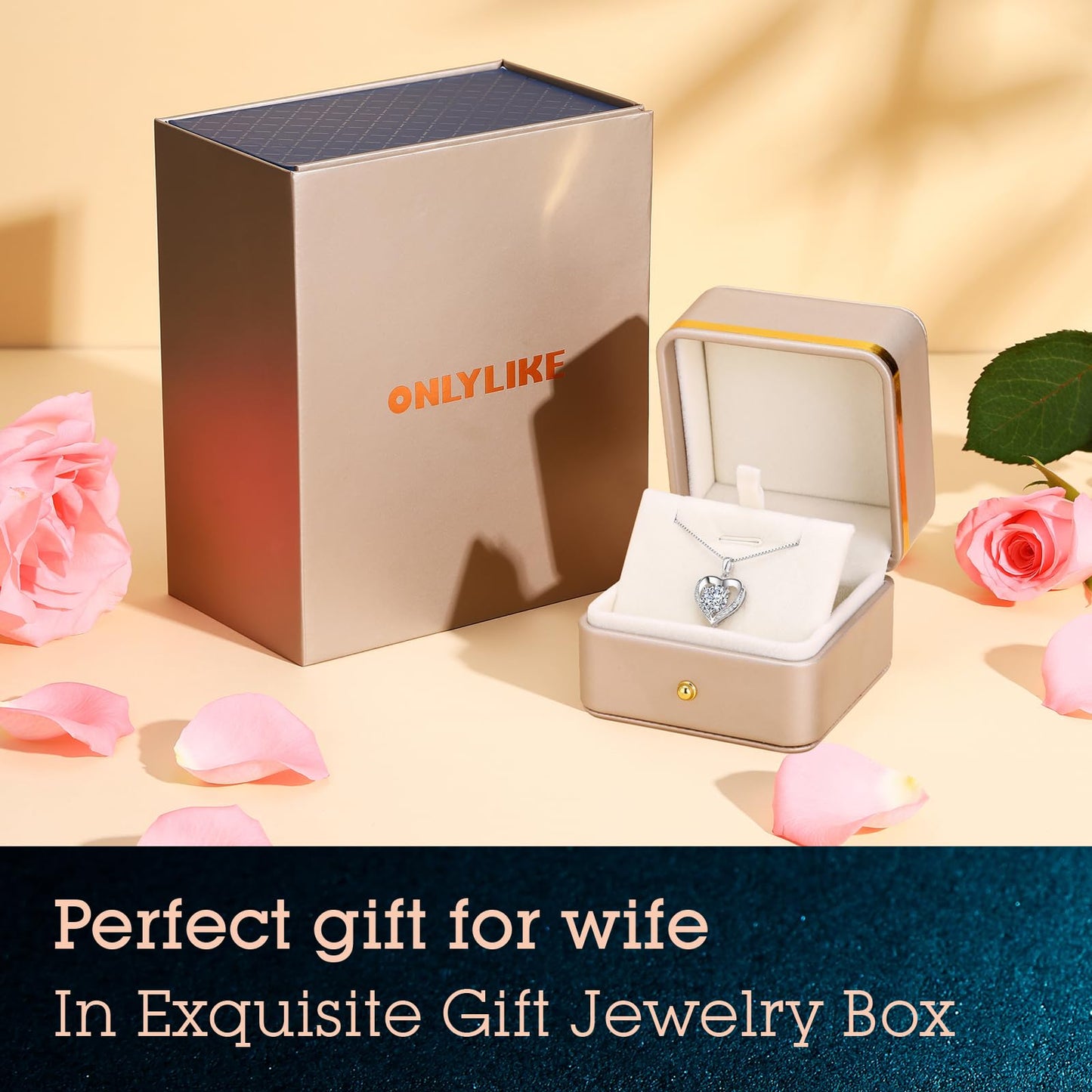 ONLYLIKE Heart Pendant Necklace Gifts for Wife, Engraved 'I LOVE YOU' 2 Carat Moissanite Necklace, Anniversary Eternity Jewelry Present, Birthday Gifts for Women