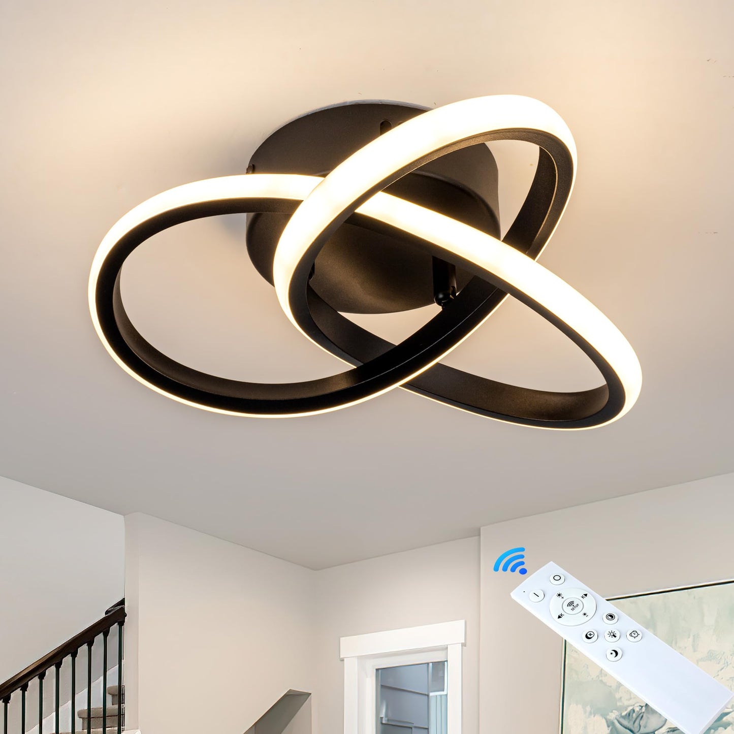 TIAZFCA 10 Inch Modern Ceiling Light, 24W LED Dimmable Ceiling Light with Remote Control, 3000-6000K Color Temperature Adjustable, Black Small Chandelier for Bedroom, Entryway, Hallway, Kitchen