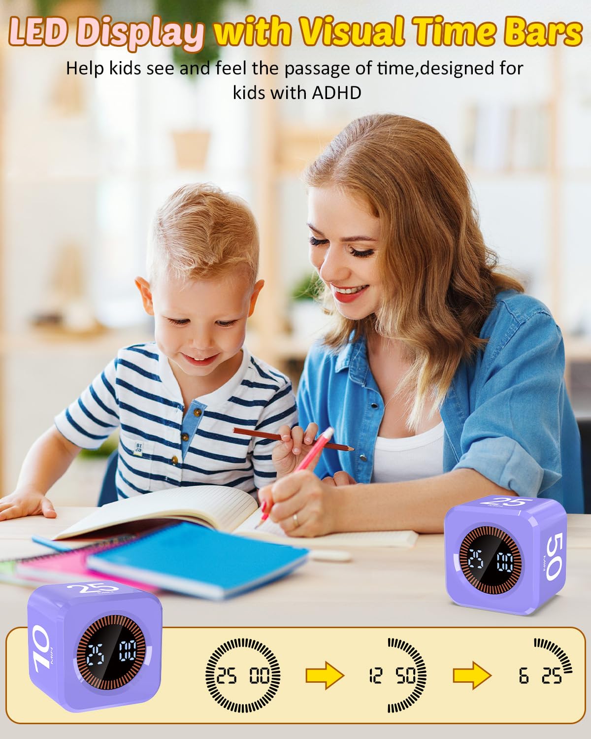 COWVTUJ Digital Pomodoro Timer Cube 5/10/25/50min, Visual Productivity Flip Timer for Kids Classroom Desk, Custom Countdown, Silent and Sound Mode for ADHD Study Work Game Kitchen (Purple)