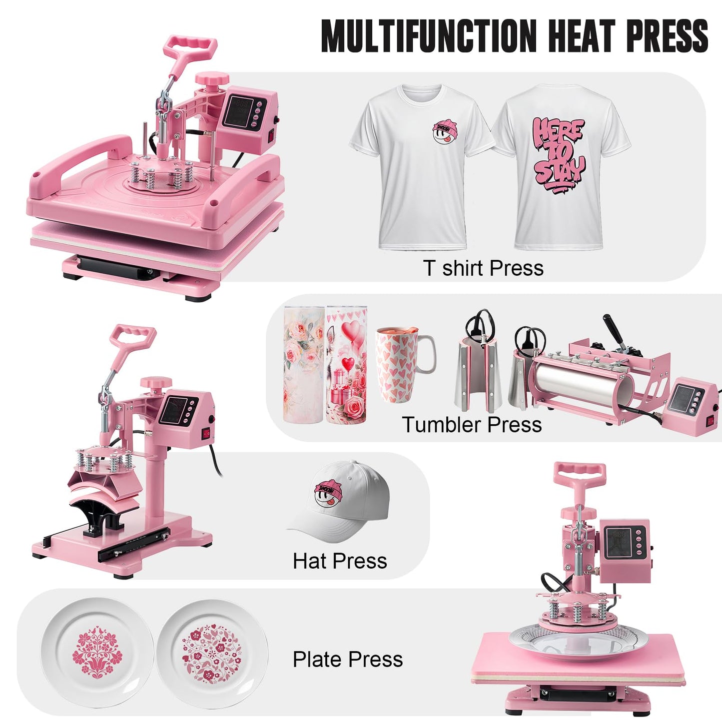 Hitgrand Heat Press 15x15 inch, Heat Press Machine for T-Shirts, 8 in 1 Heat Press with 30 OZ Tumbler Press, Combo Tumbler Heat Press Machine Sublimation for Hat Cap Mug Plate