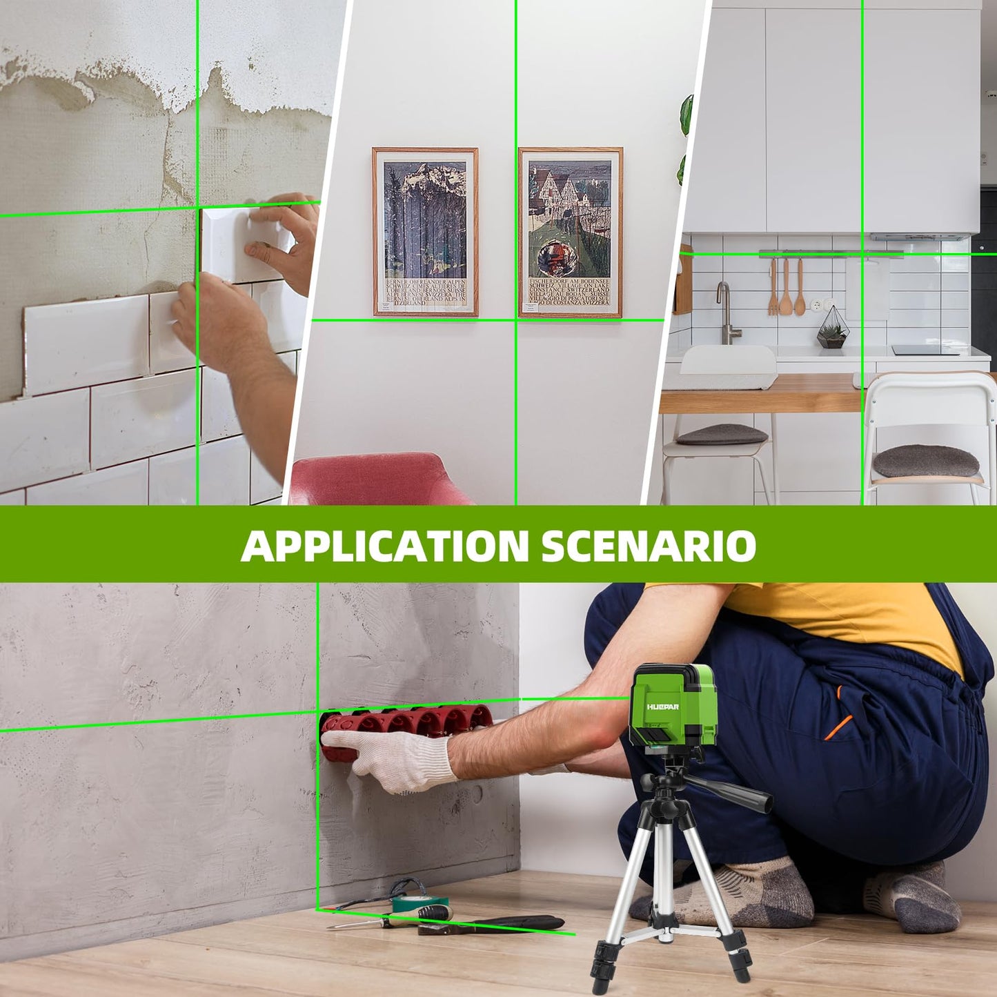 Laser Level with 40in Tripod, HUEPAR 98Ft Self Leveling Laser Level Green Line Laser Cross Line Laser Leveler Tool for Picture Hanging, Home Renovation, Indoor Project, Battery&Carrying Bag Included