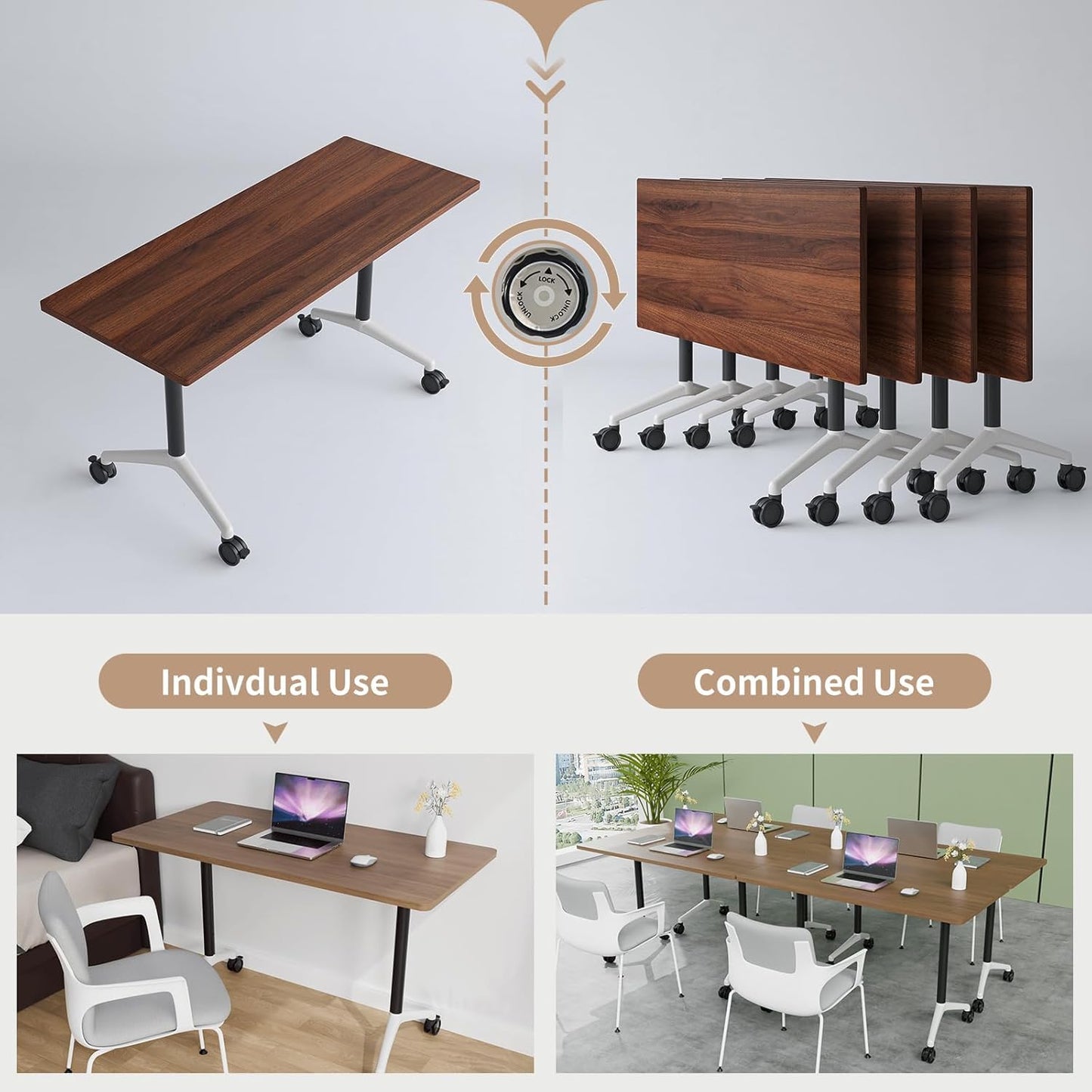 Conference Room Table, Modern Folding Training Tables with Flip Top, Mobile Table with Four Locking Wheels, Executive Desk for Meeting Room, Office, Classroom （4PCS,47in）