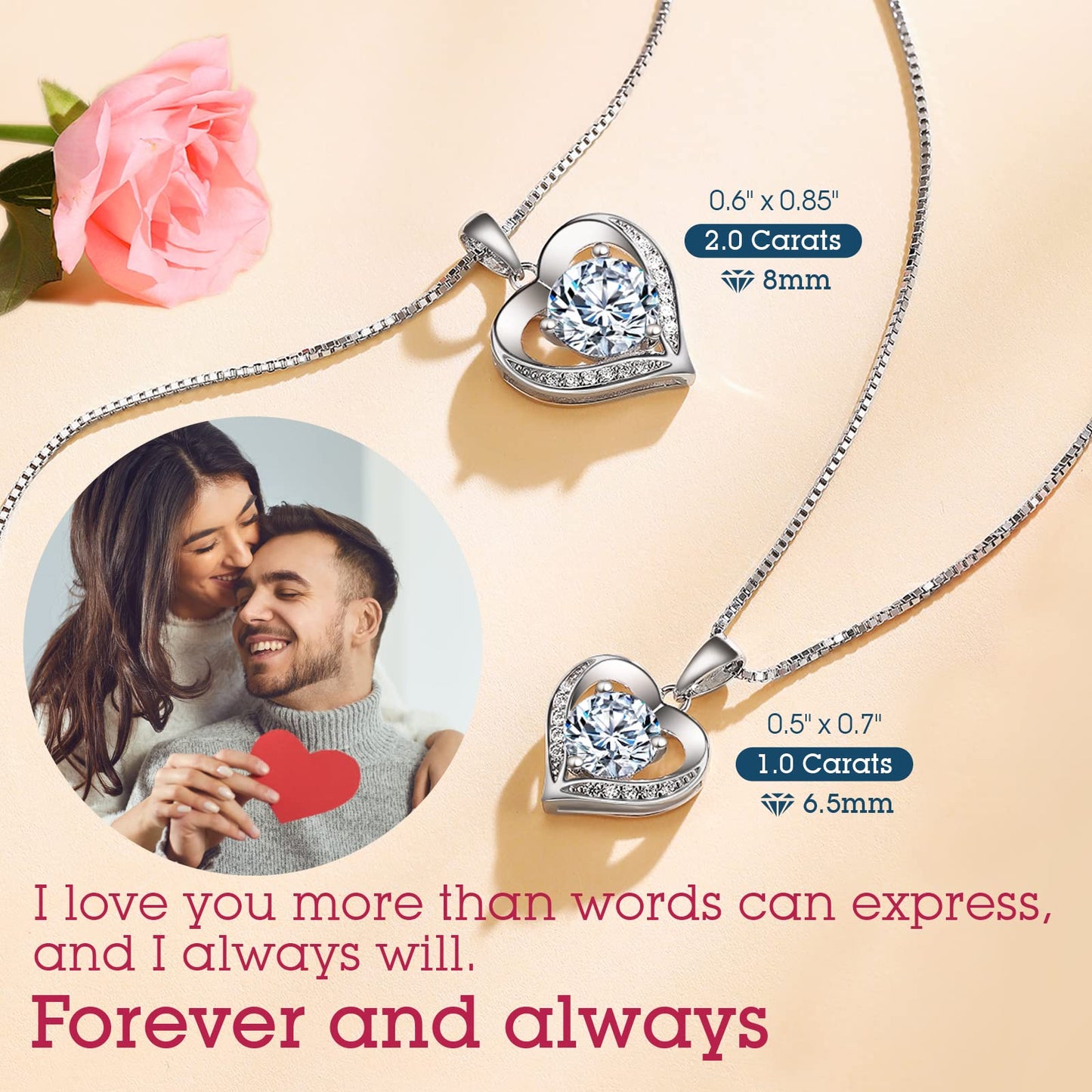 ONLYLIKE Heart Pendant Necklace Gifts for Wife, Engraved 'I LOVE YOU' 2 Carat Moissanite Necklace, Anniversary Eternity Jewelry Present, Birthday Gifts for Women